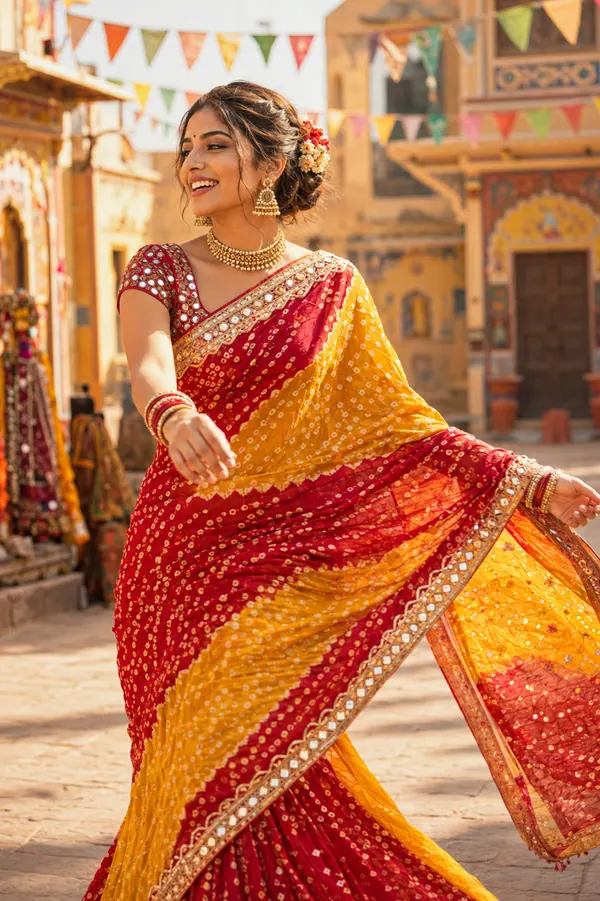 Bandhani saree on model