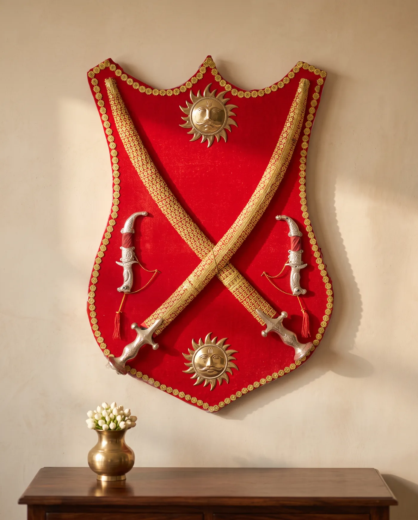 Armorial Shield Panel - Red Velvet with Brass and Silver