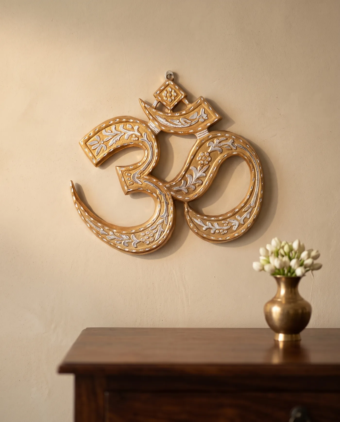 Om Wall Hanging - Gold Brass with Silver Meenakari