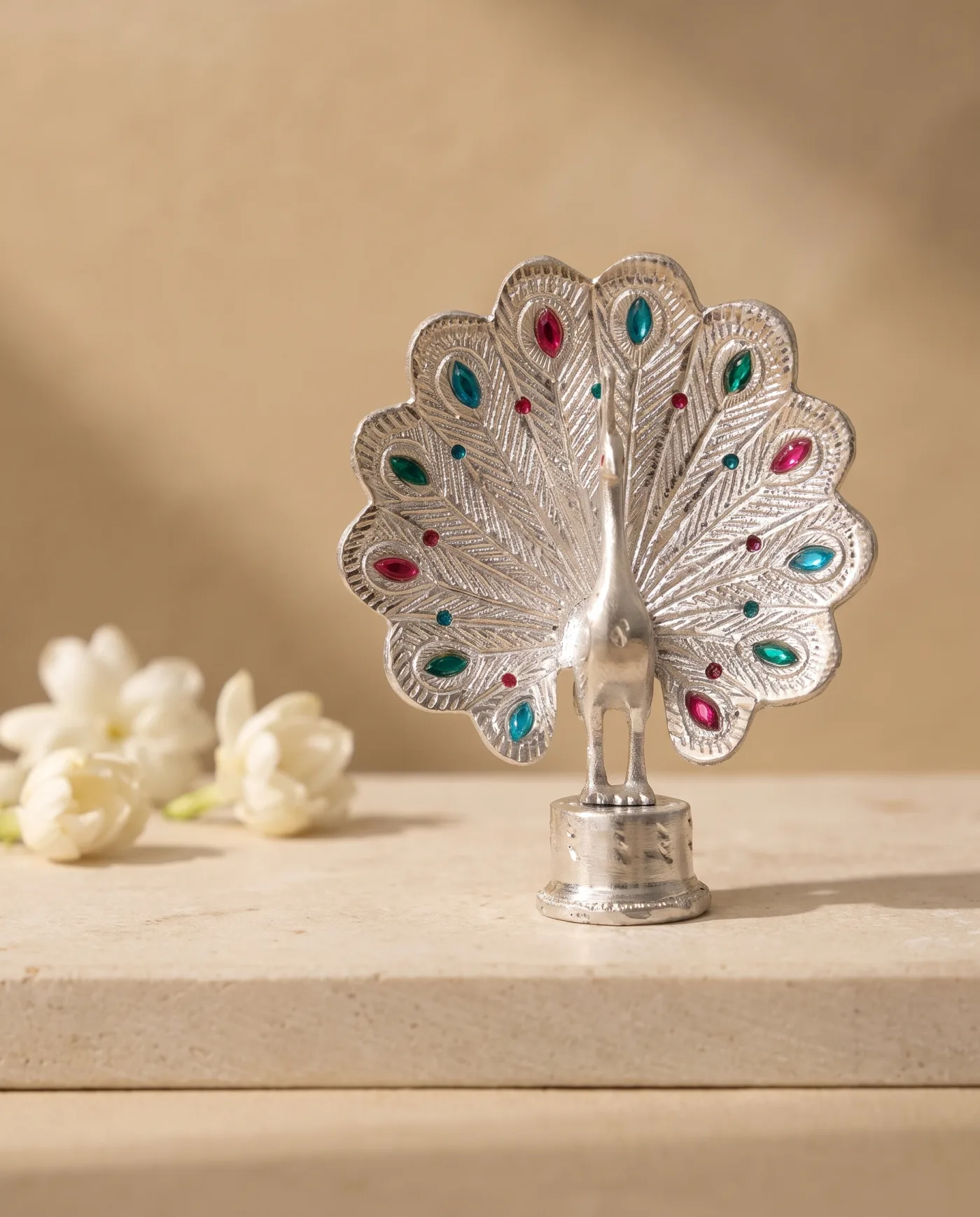 Peacock with Fanned Enamel Tail - Silver