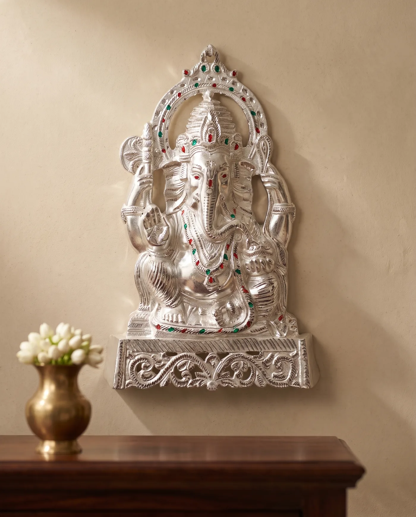 Seated Ganesha Throne Plaque - Silver with Enamel