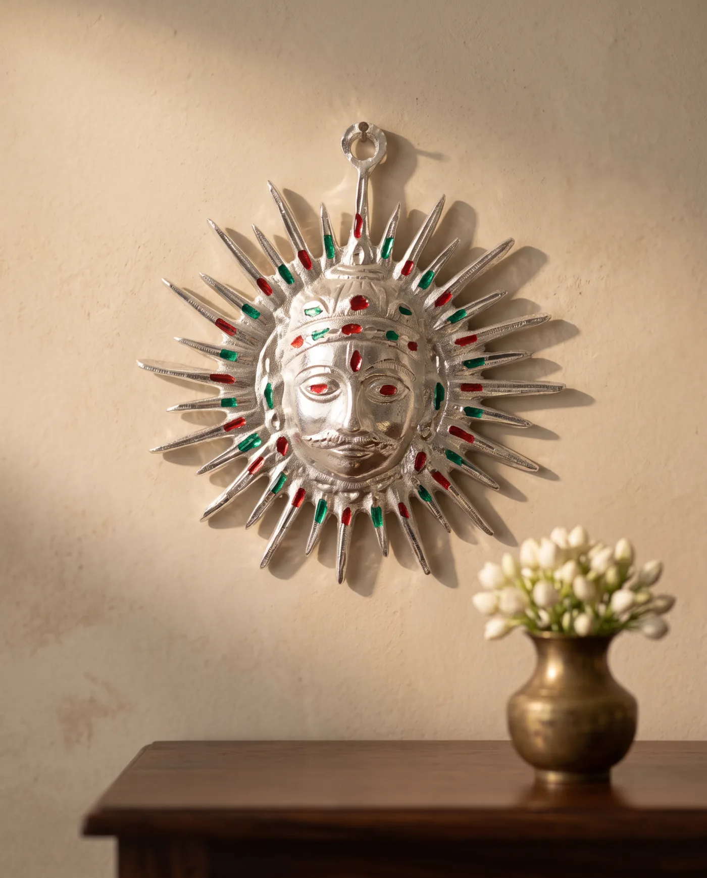 Sun Face Wall Plaque - Silver with Enamel