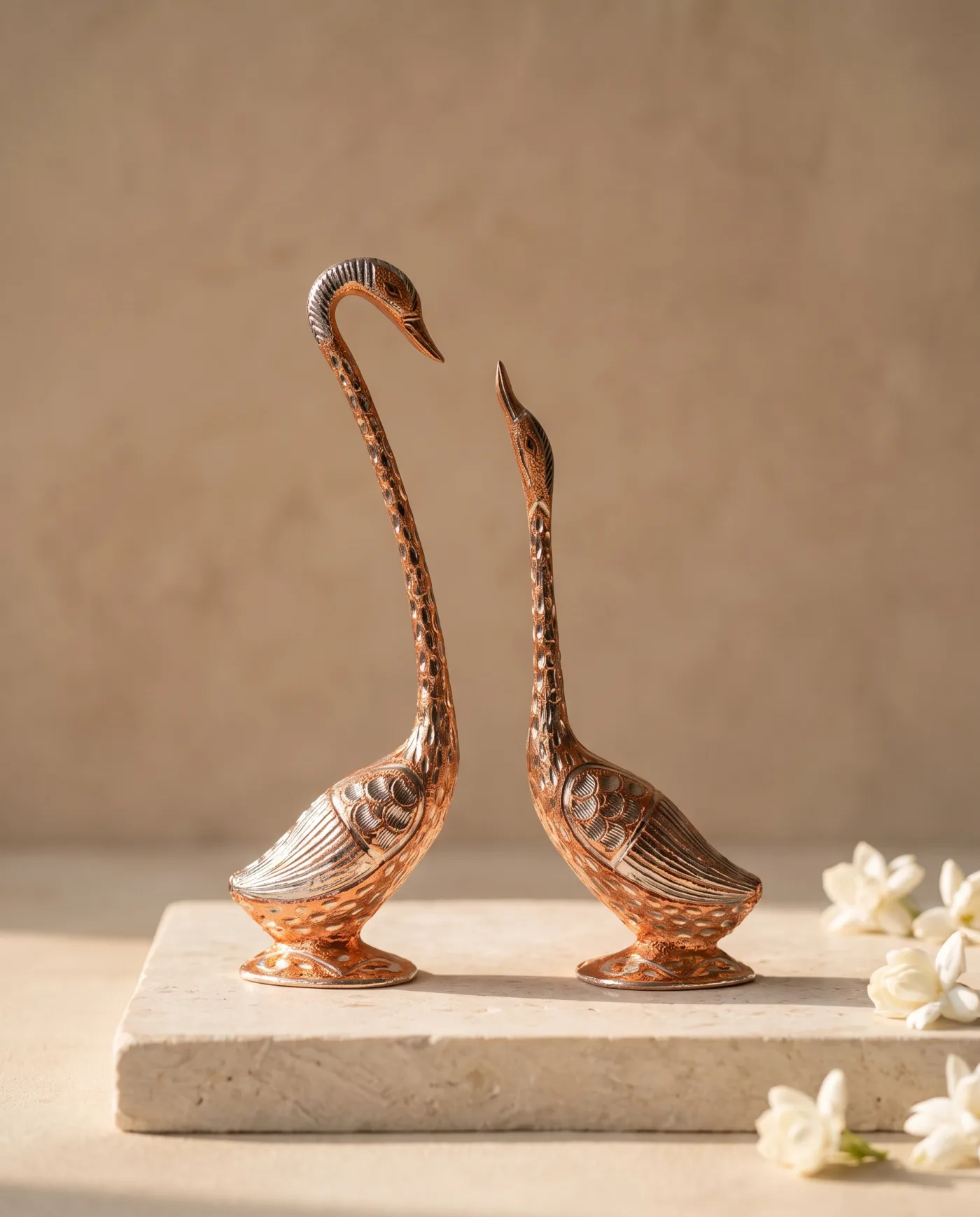 Swan Pair - Rose Gold Copper Engraved
