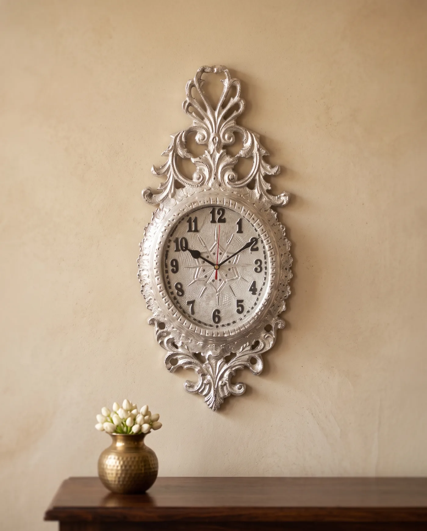 Wall Clock - Silver Repousse Openwork Frame