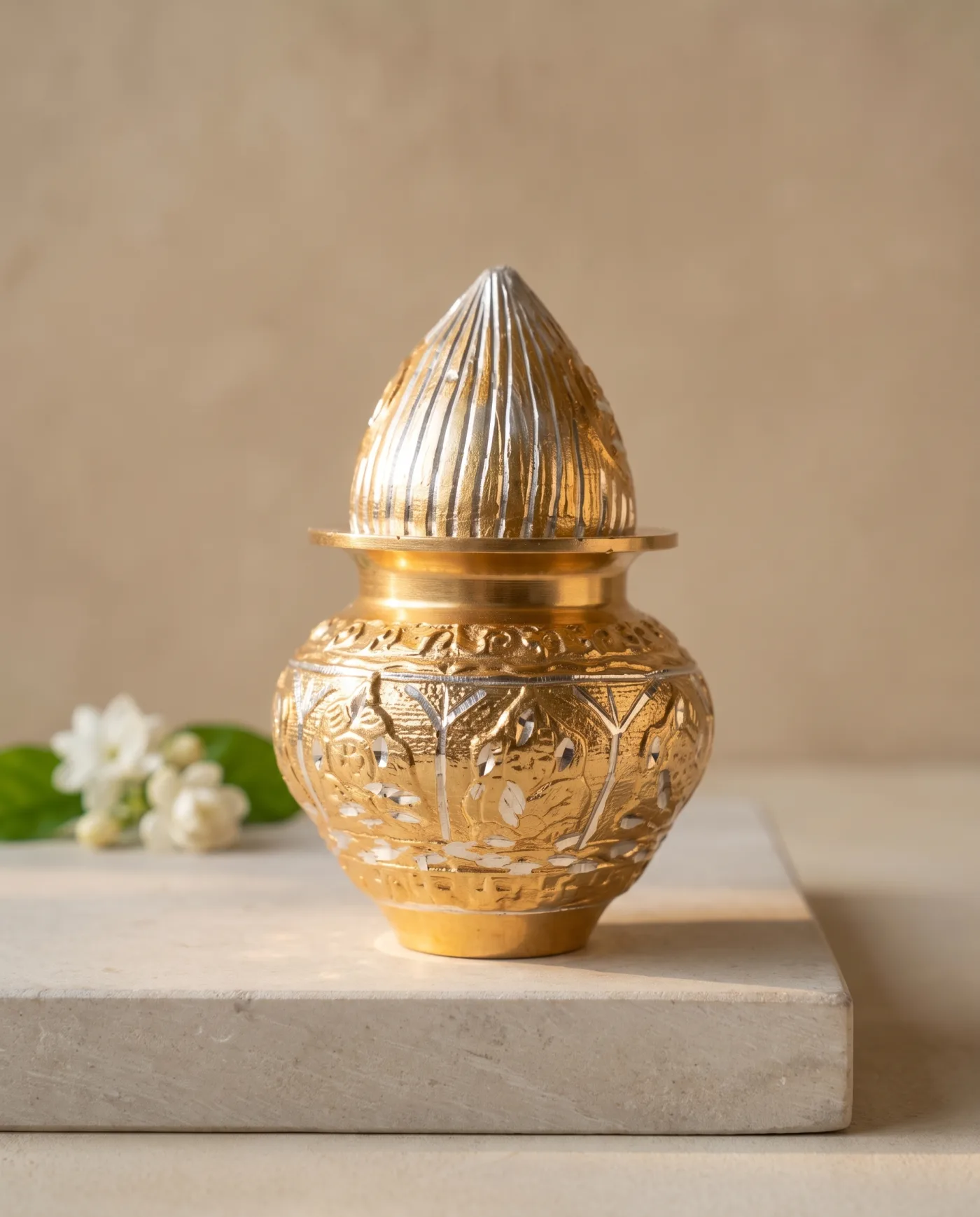 Kalash with Fluted Lid - Brass Repousse