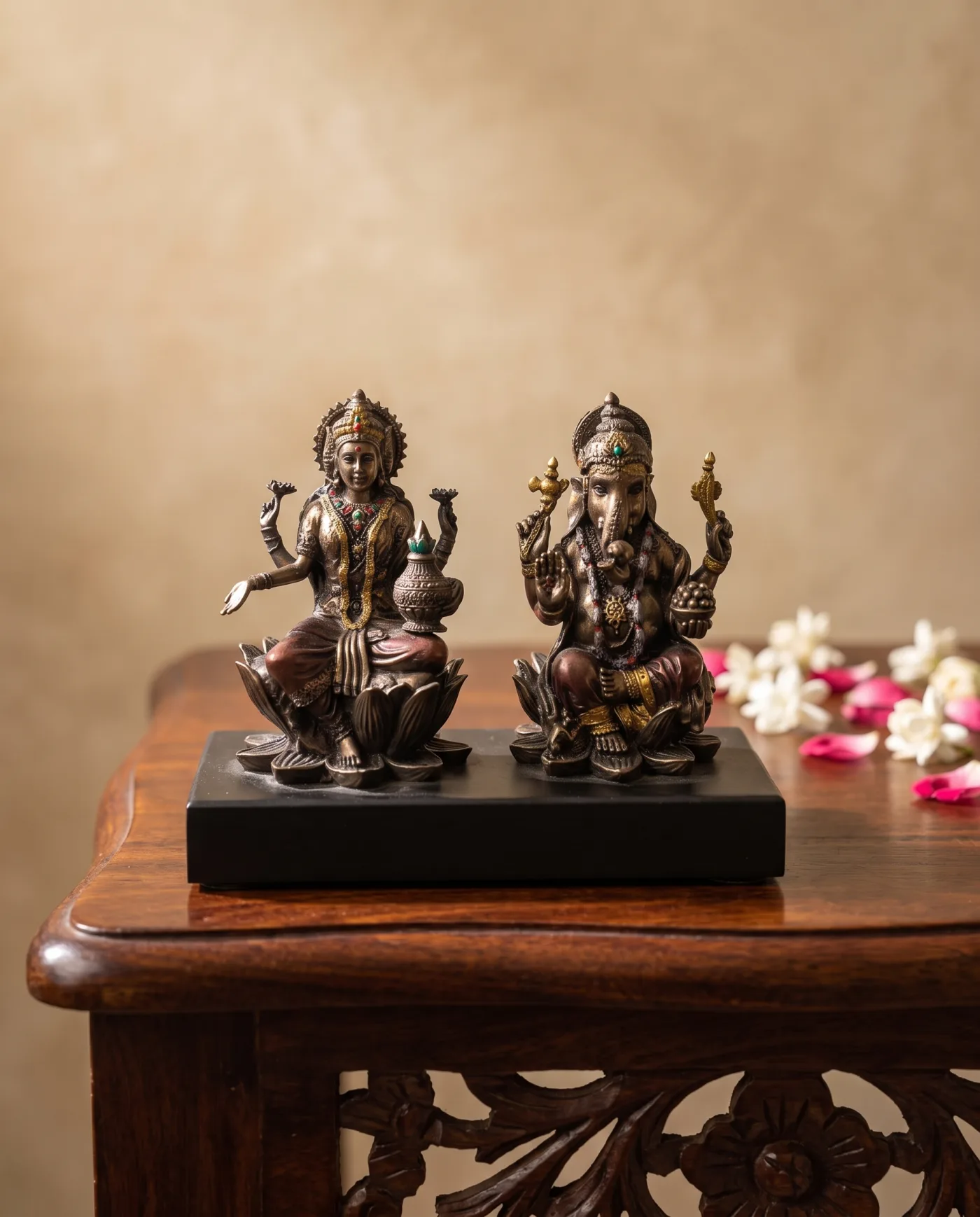 Lakshmi Ganesha Pair - Bronze on Black Plinth