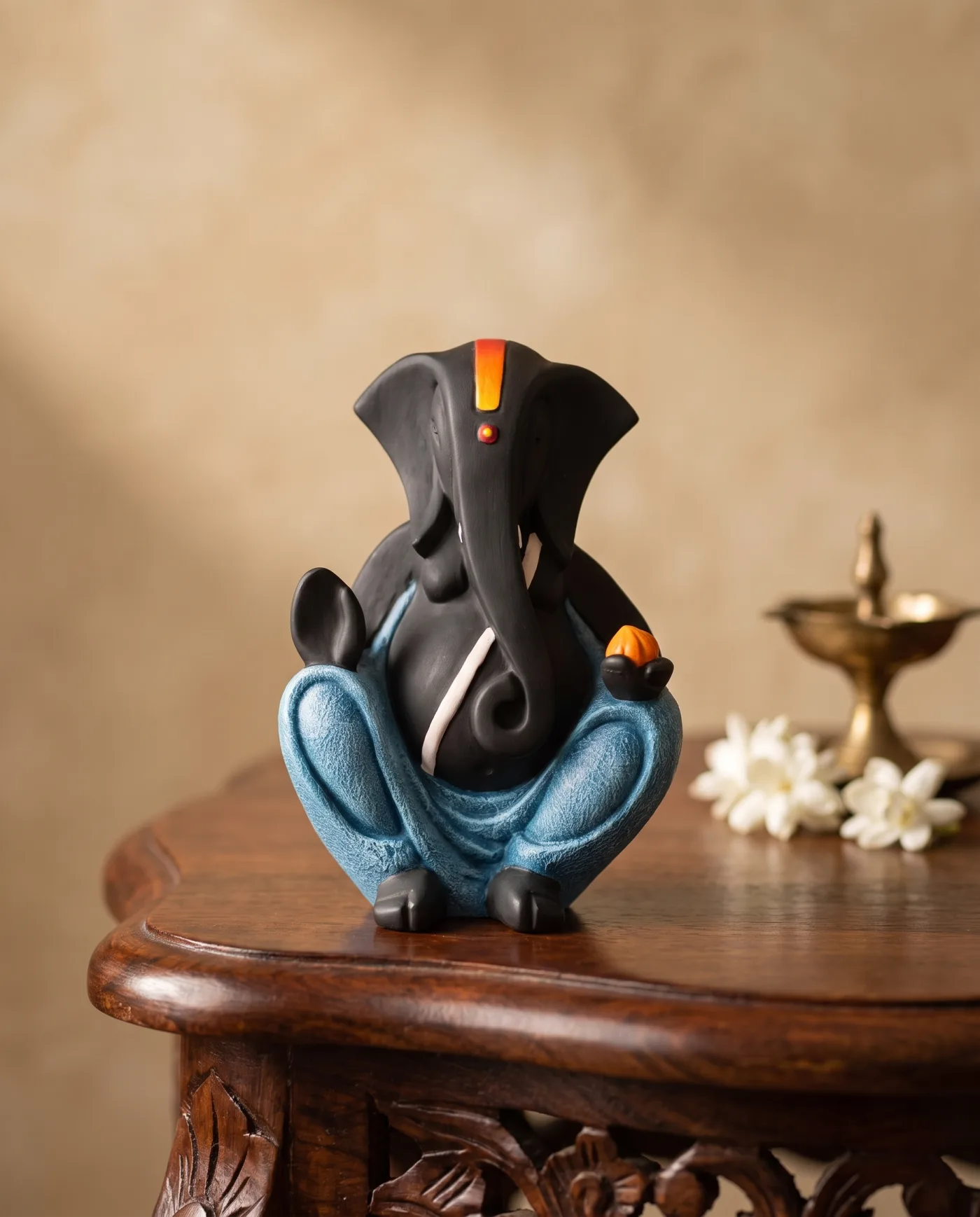 Ganesha Figurine - Black with Blue Leaves