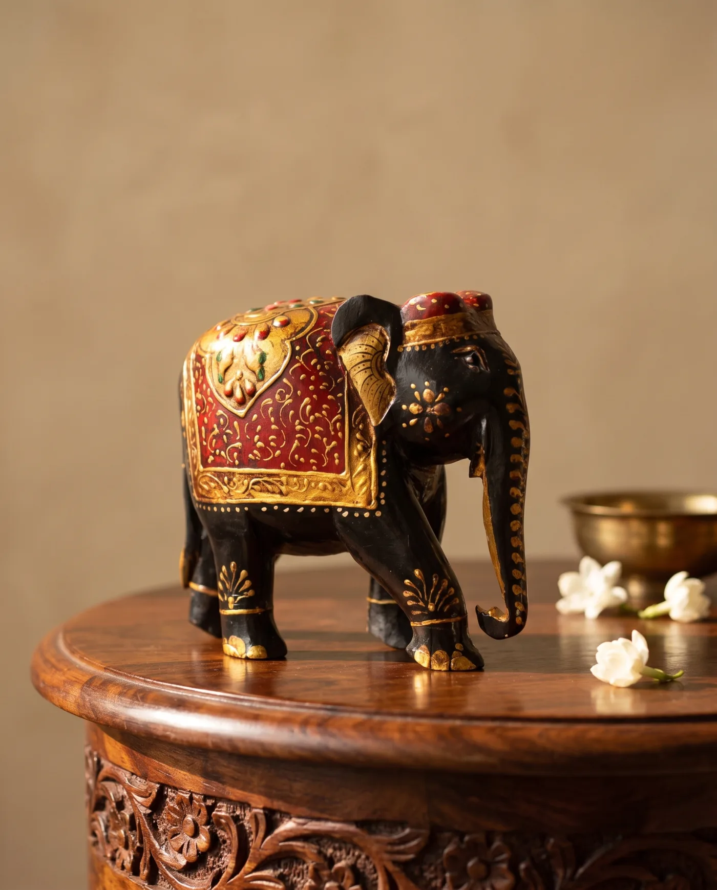 Wooden Elephant - Painted Maroon Gold Saddle