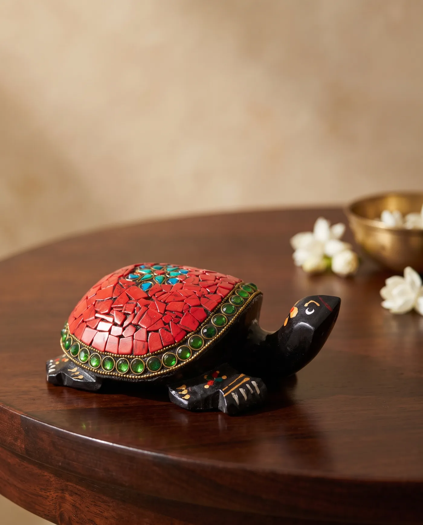 Wooden Turtle - Red Coral Mosaic Shell