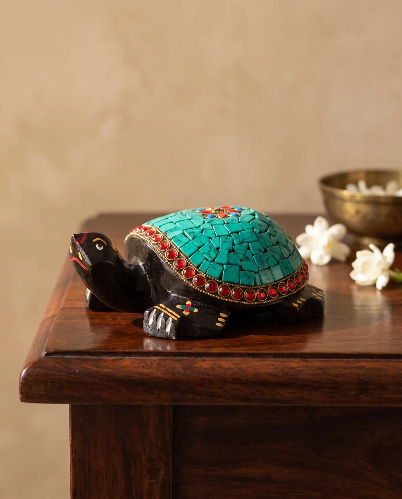 Wooden Turtle - Turquoise Mosaic Shell