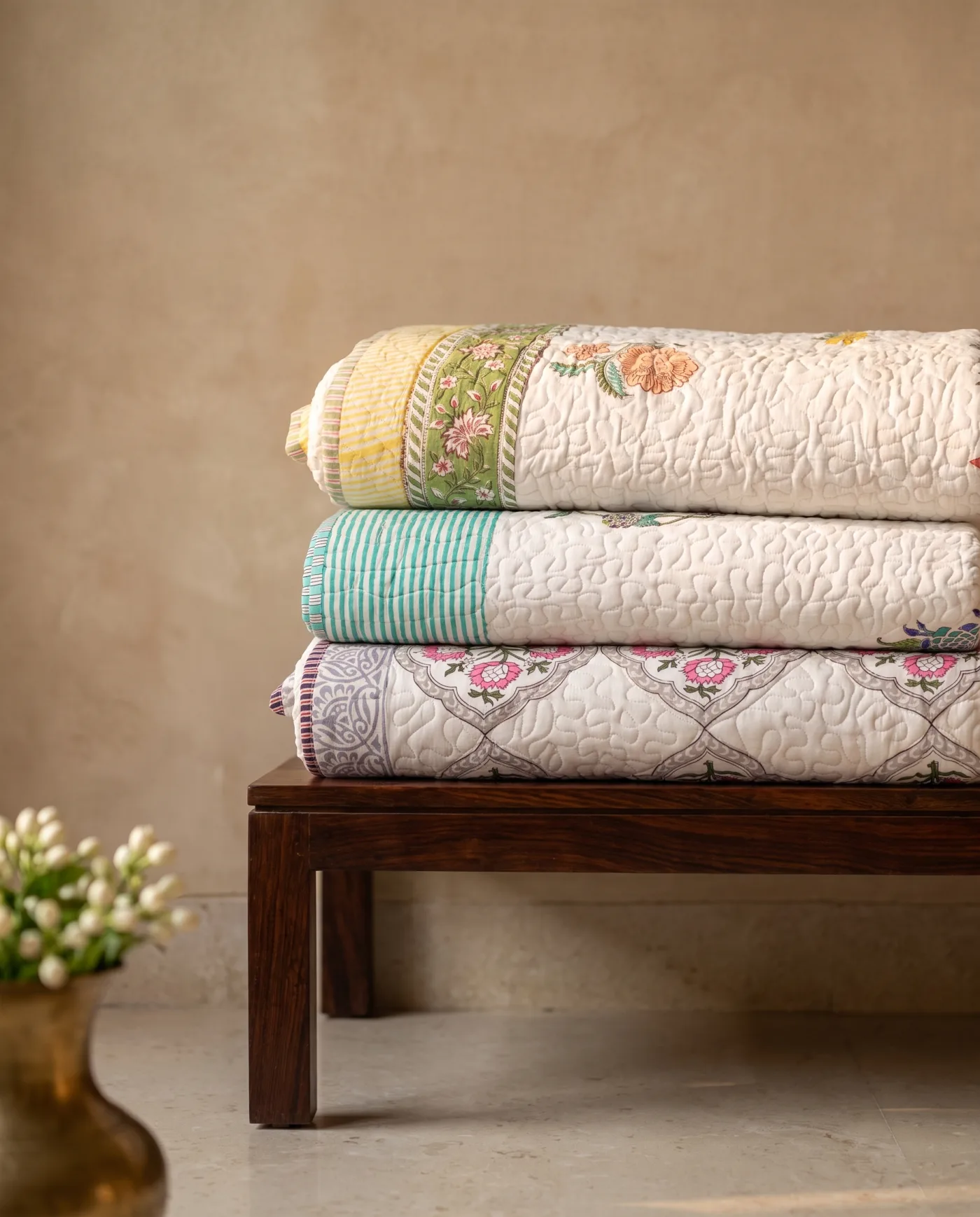 Comforter Set of Three - Quilted White with Printed Borders