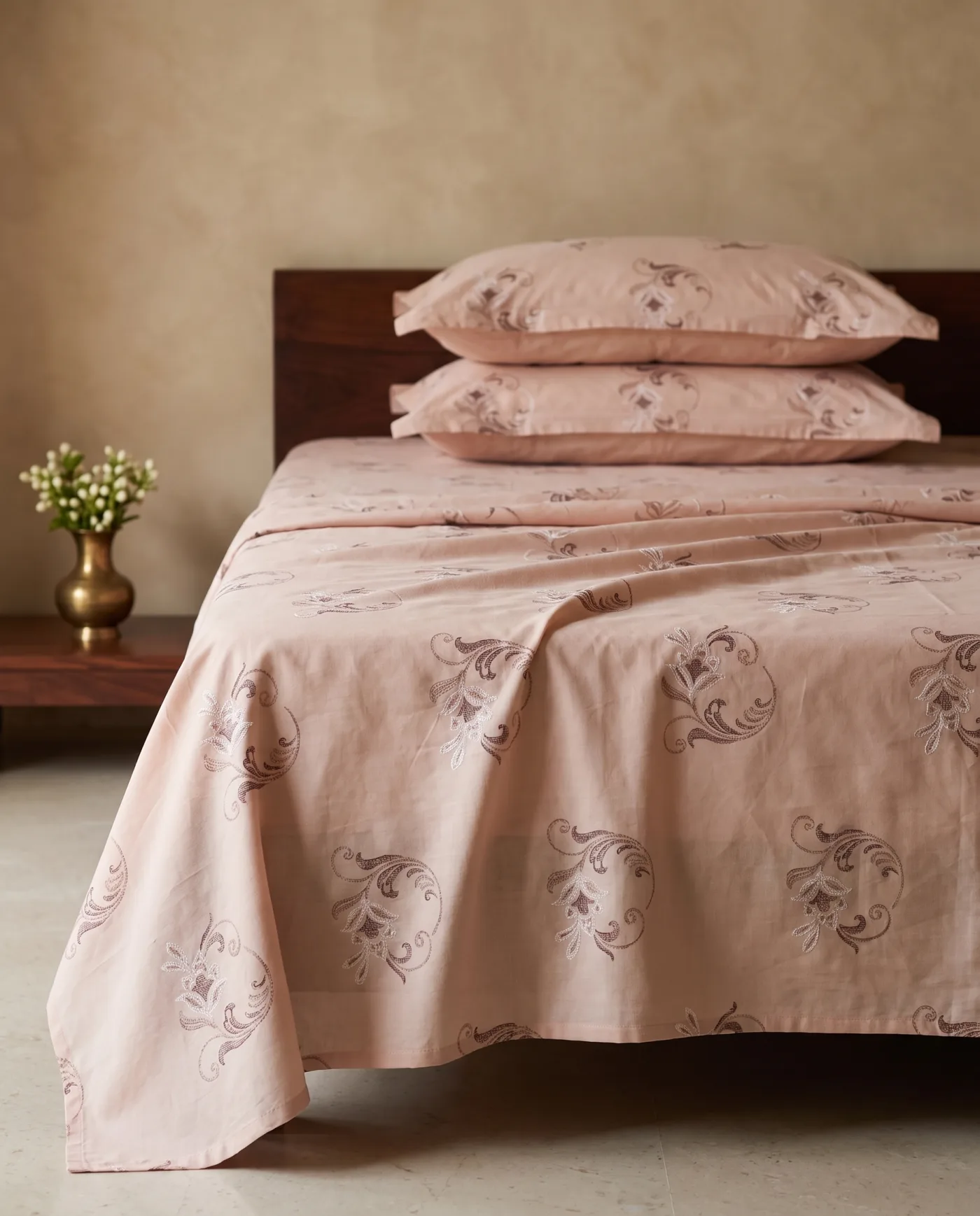 Bedsheet - Blush Pink with Taupe Floral Sprigs