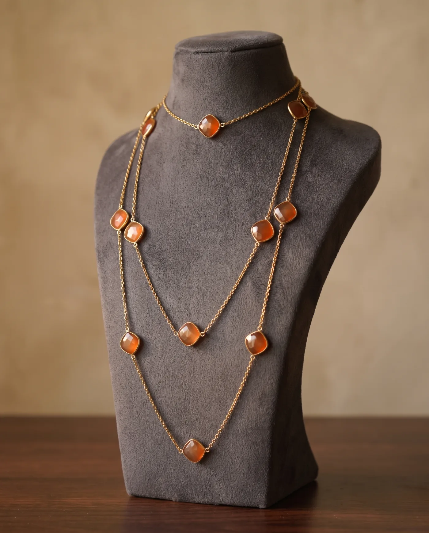 Long Necklace - Gold Chain with Carnelian Stations