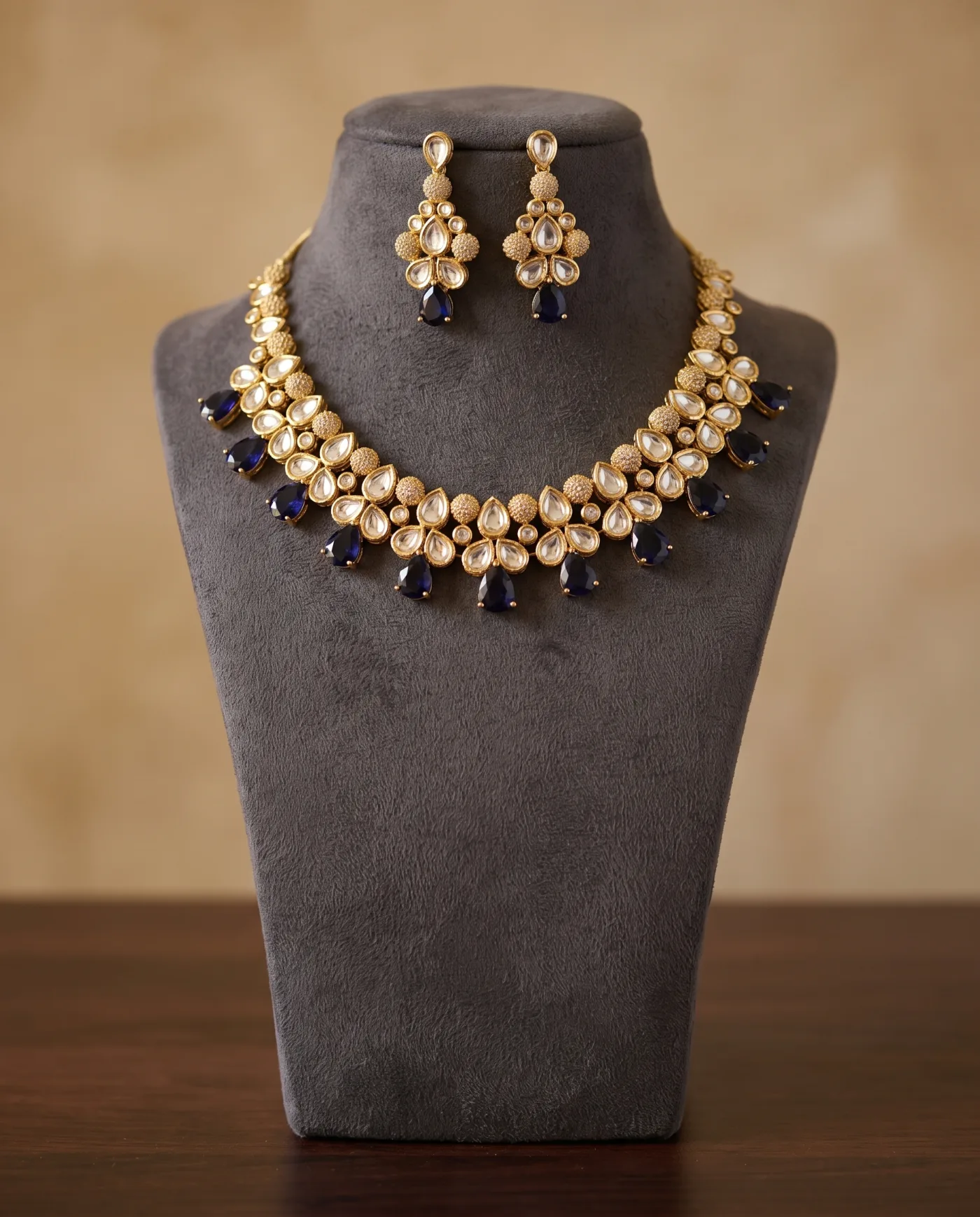 Necklace Set - Gold Kundan with Navy Pear Fringe