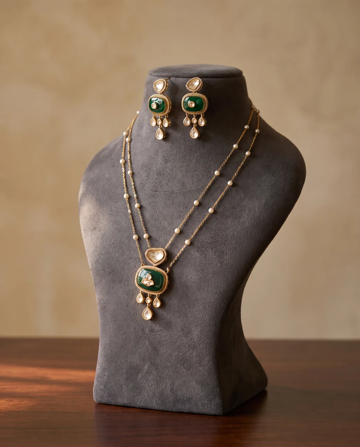 Necklace Set - Gold Twin Chain with Green Enamel Pendant