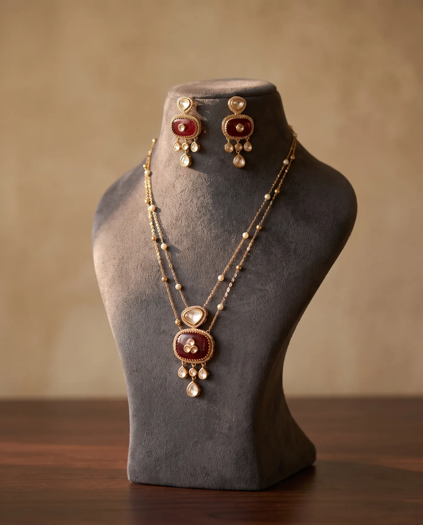 Necklace Set - Gold Twin Chain with Maroon Enamel Pendant