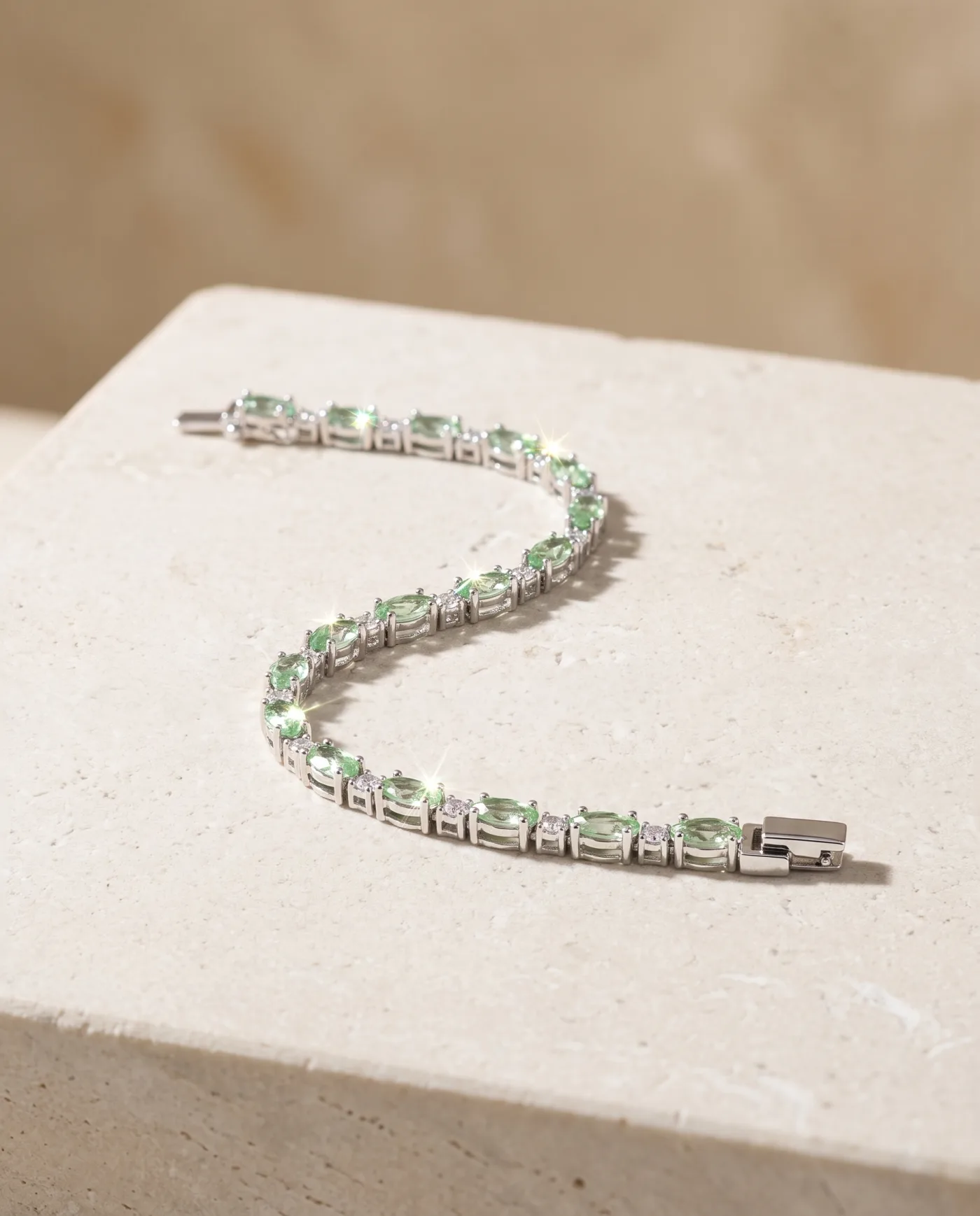 Bracelet - Silver Line with Pale Green Marquise Stones
