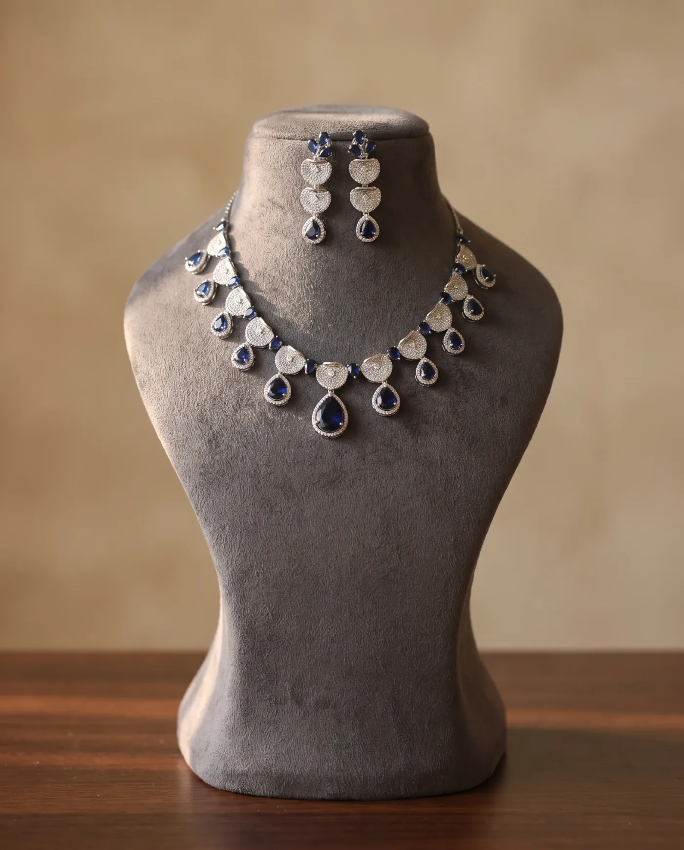 Necklace Set - Silver CZ with Blue Pear Drops