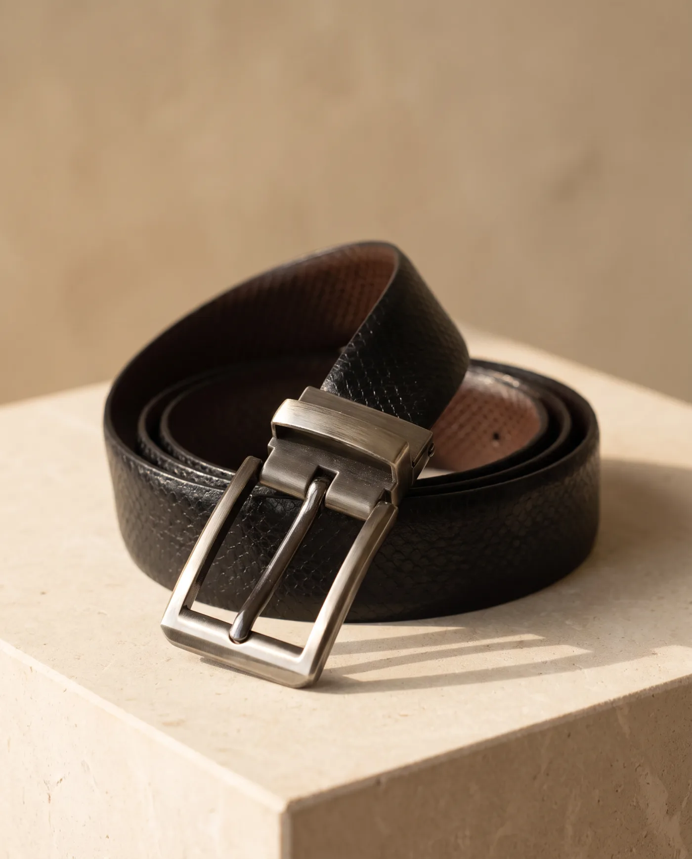 Belt - Black Grained Leather Silver Buckle