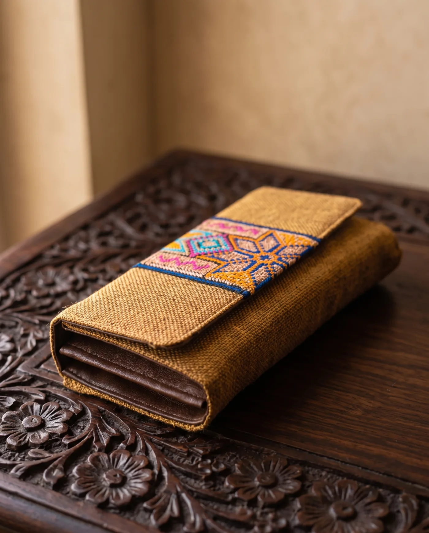 Clutch - Golden Jute with Broad Embroidered Panel