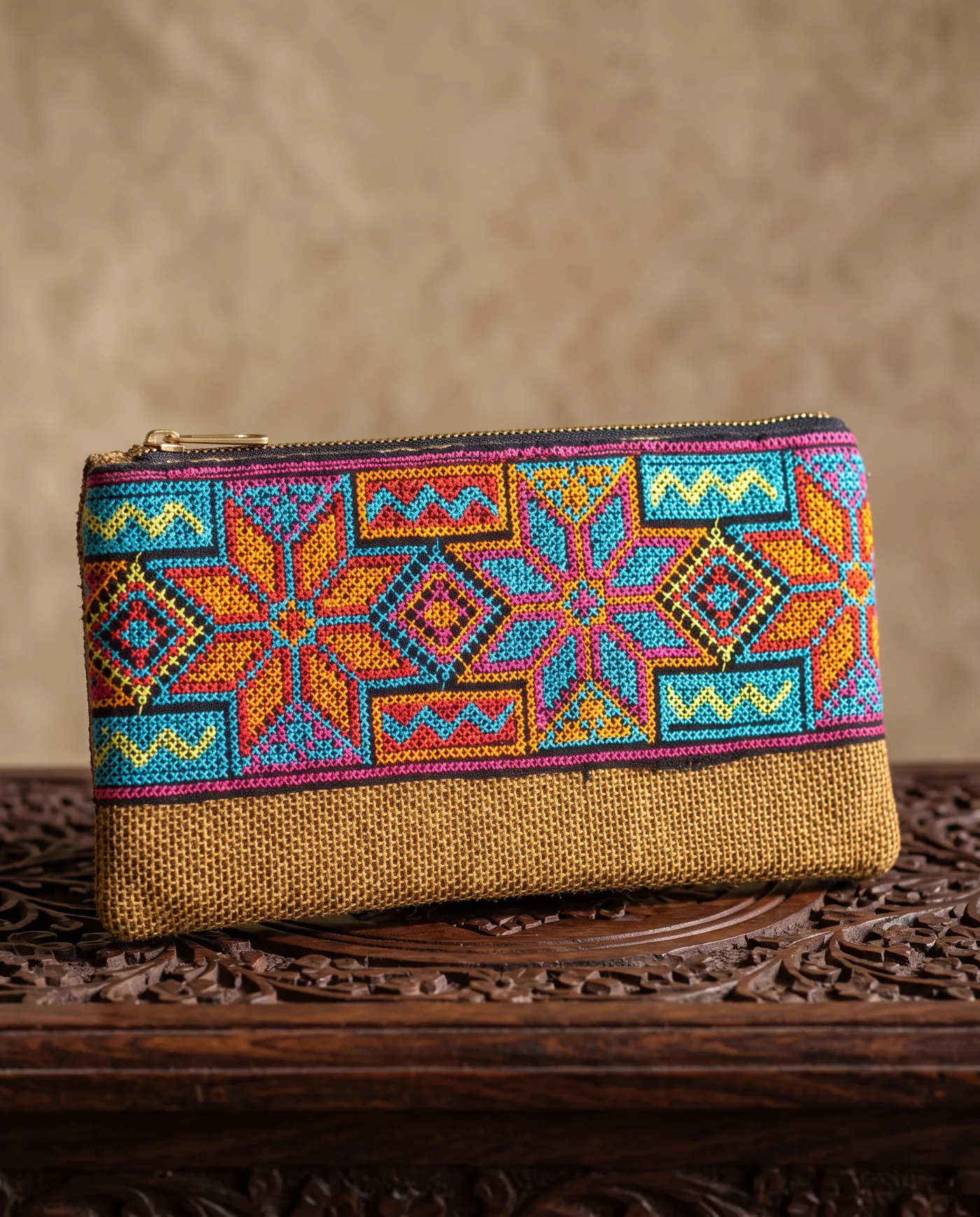 Clutch - Mustard Jute Zip Pouch with Embroidered Band
