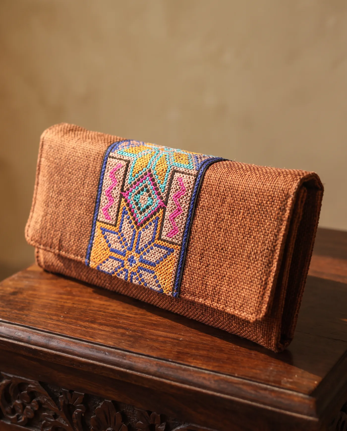 Clutch - Rust Jute with Centred Embroidered Panel