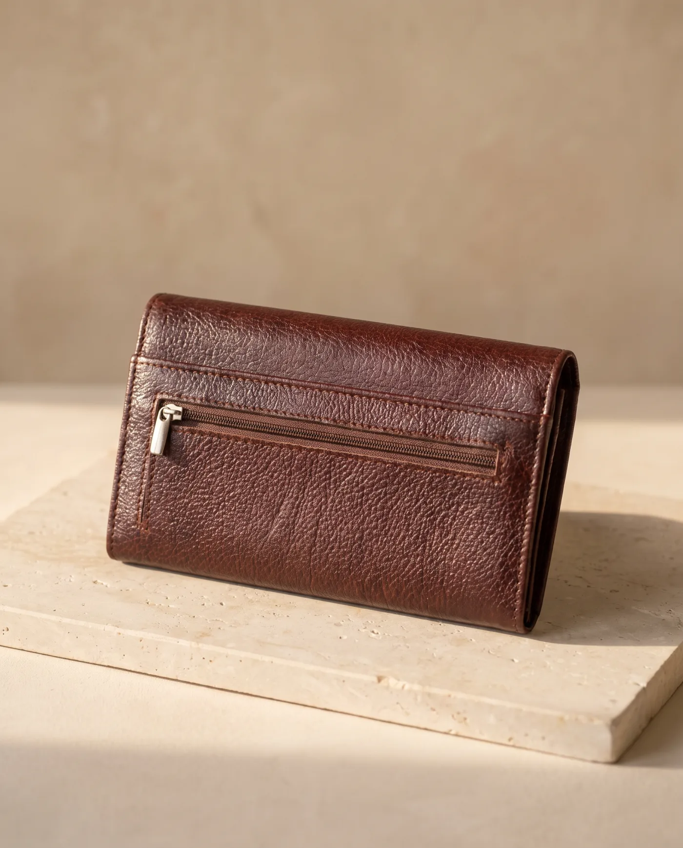 Clutch Wallet - Dark Reddish Brown Pebbled with Zip