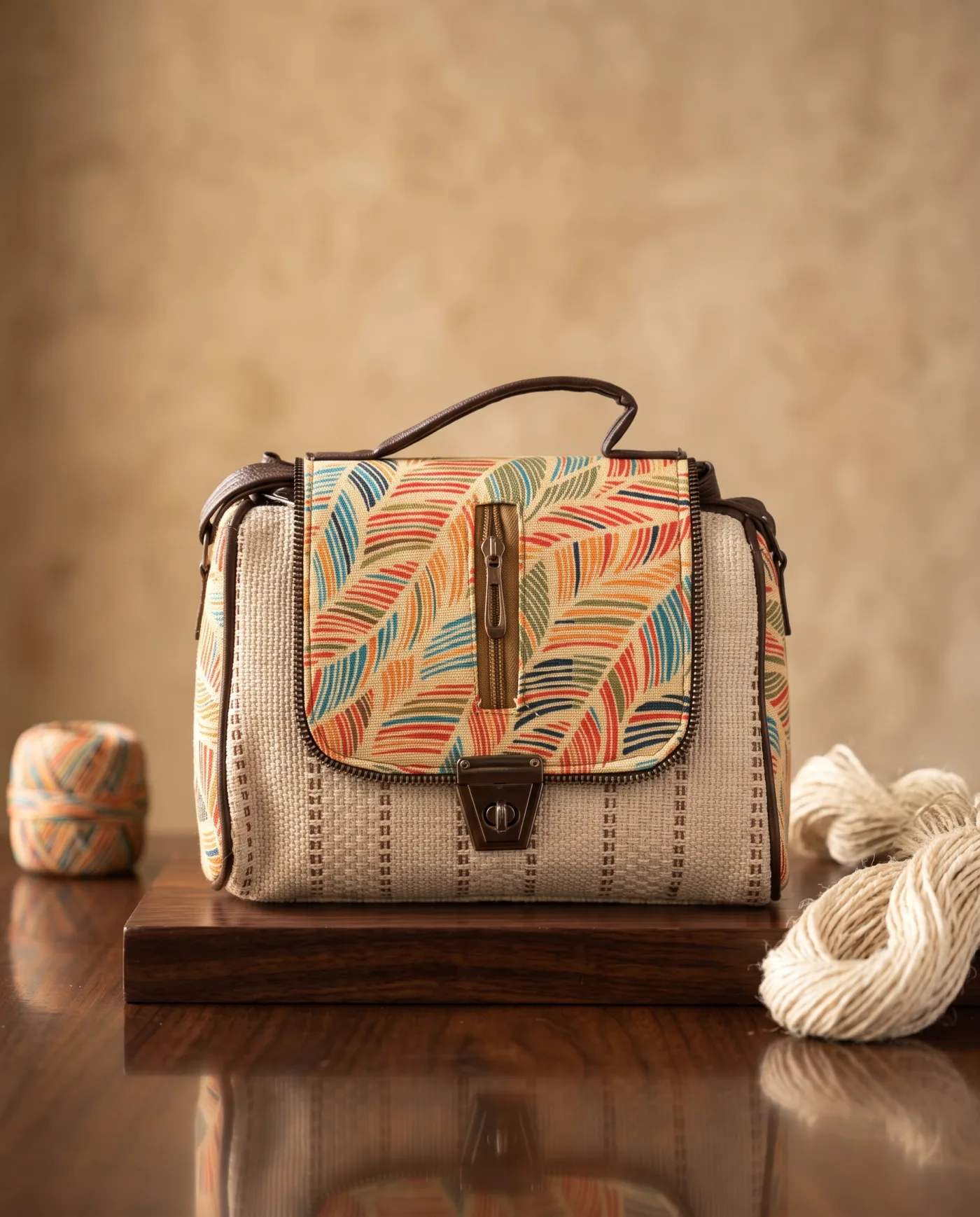 Flap Bag - Cream Jute with Coral and Teal Leaf Print