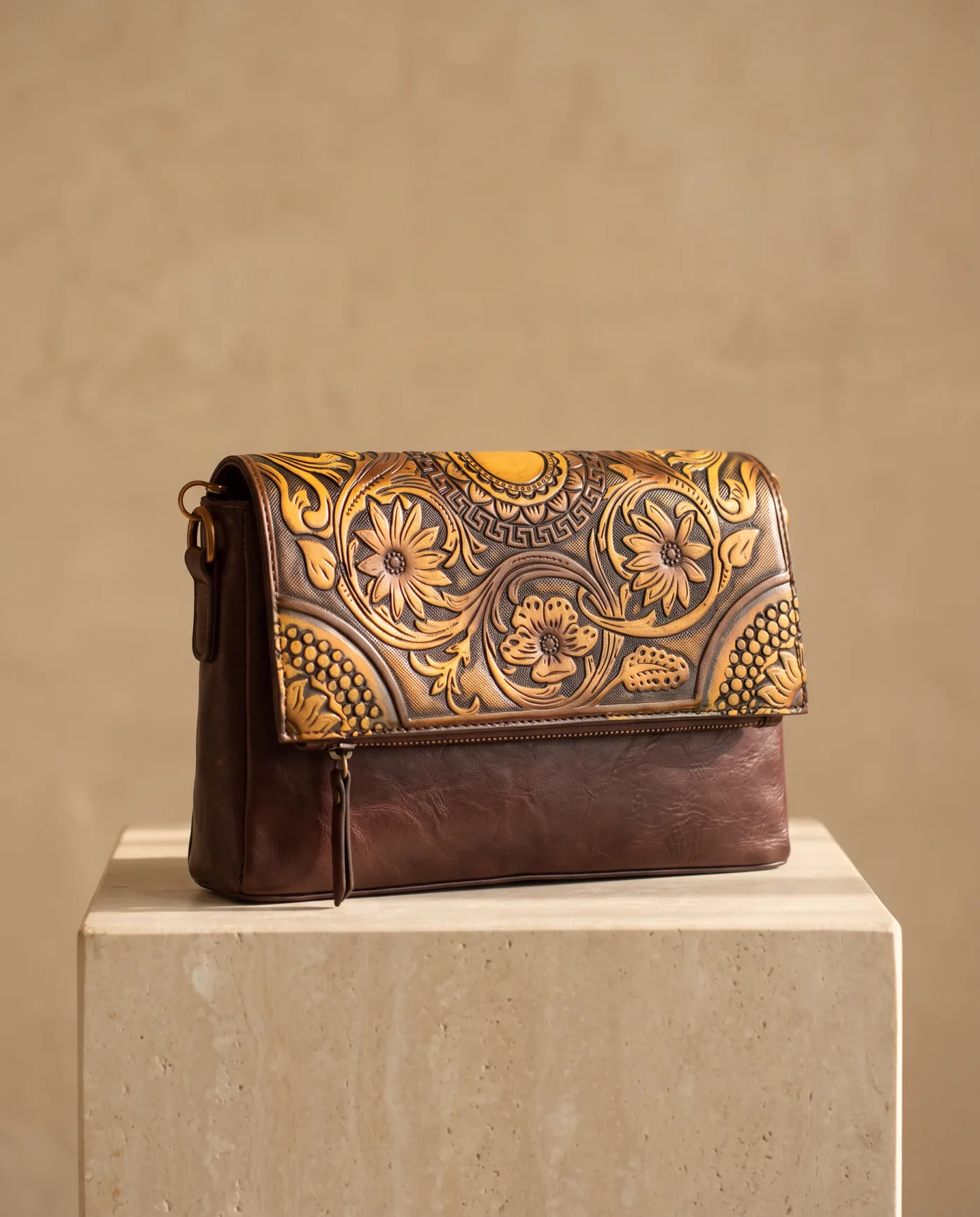 Flap Bag - Hand Tooled Ochre Leather Sunflower