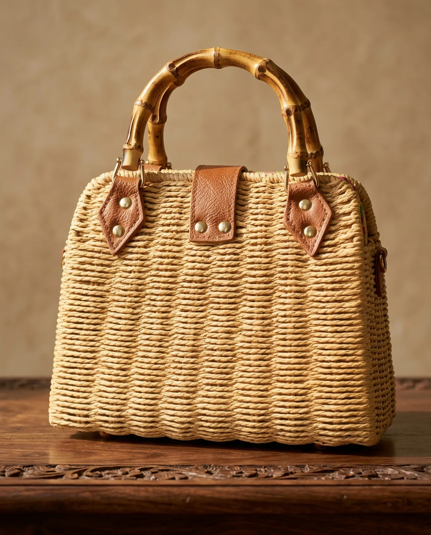 Handbag - Woven Cane Box with Bamboo Handles