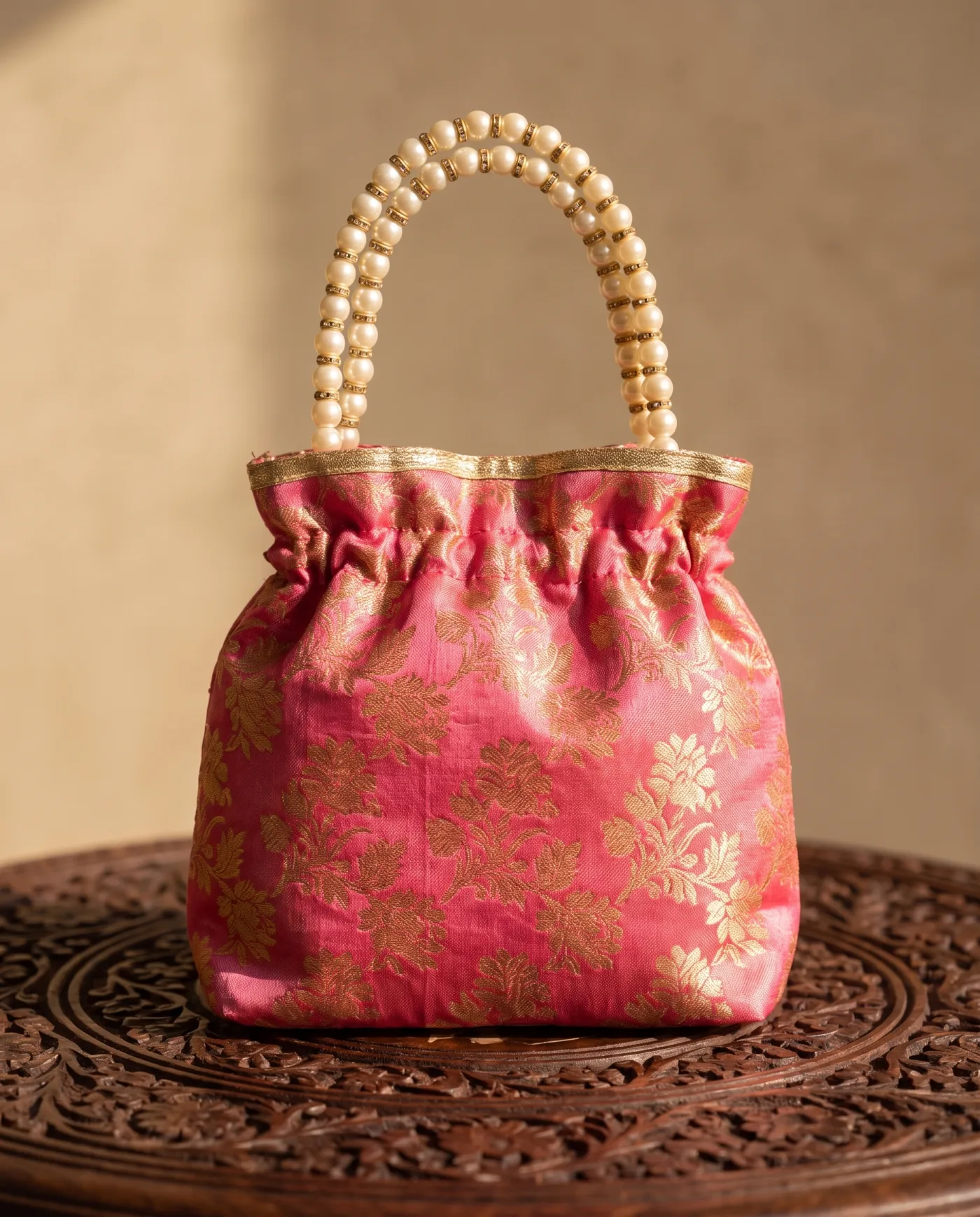 Potli - Rose Pink Brocade with Pearl Handle