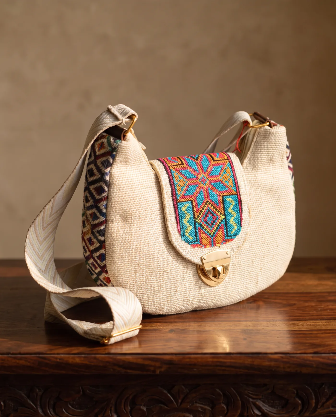 Saddle Bag - Cream Jute with Turquoise Star Embroidery
