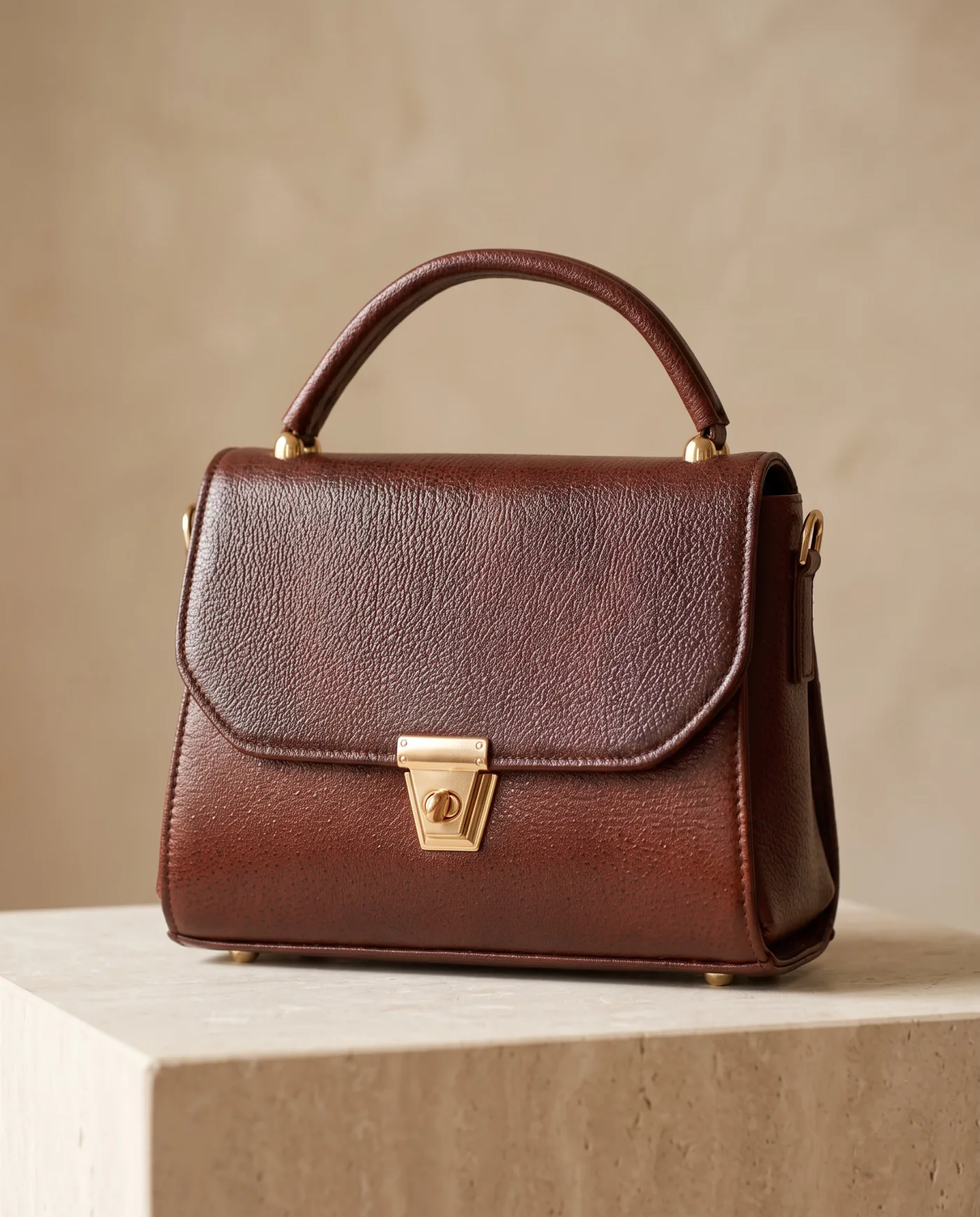 Satchel - Reddish Brown Pebbled Leather Turnlock