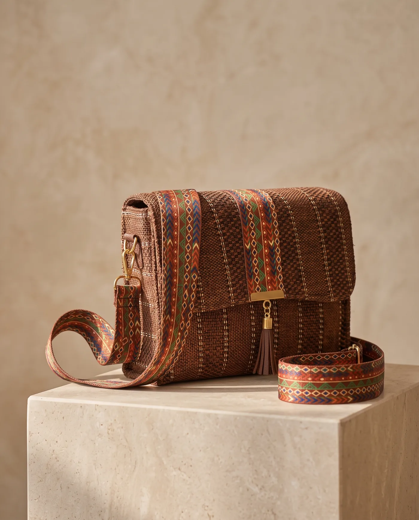 Shoulder Bag - Brown Jute with Kilim Embroidered Band