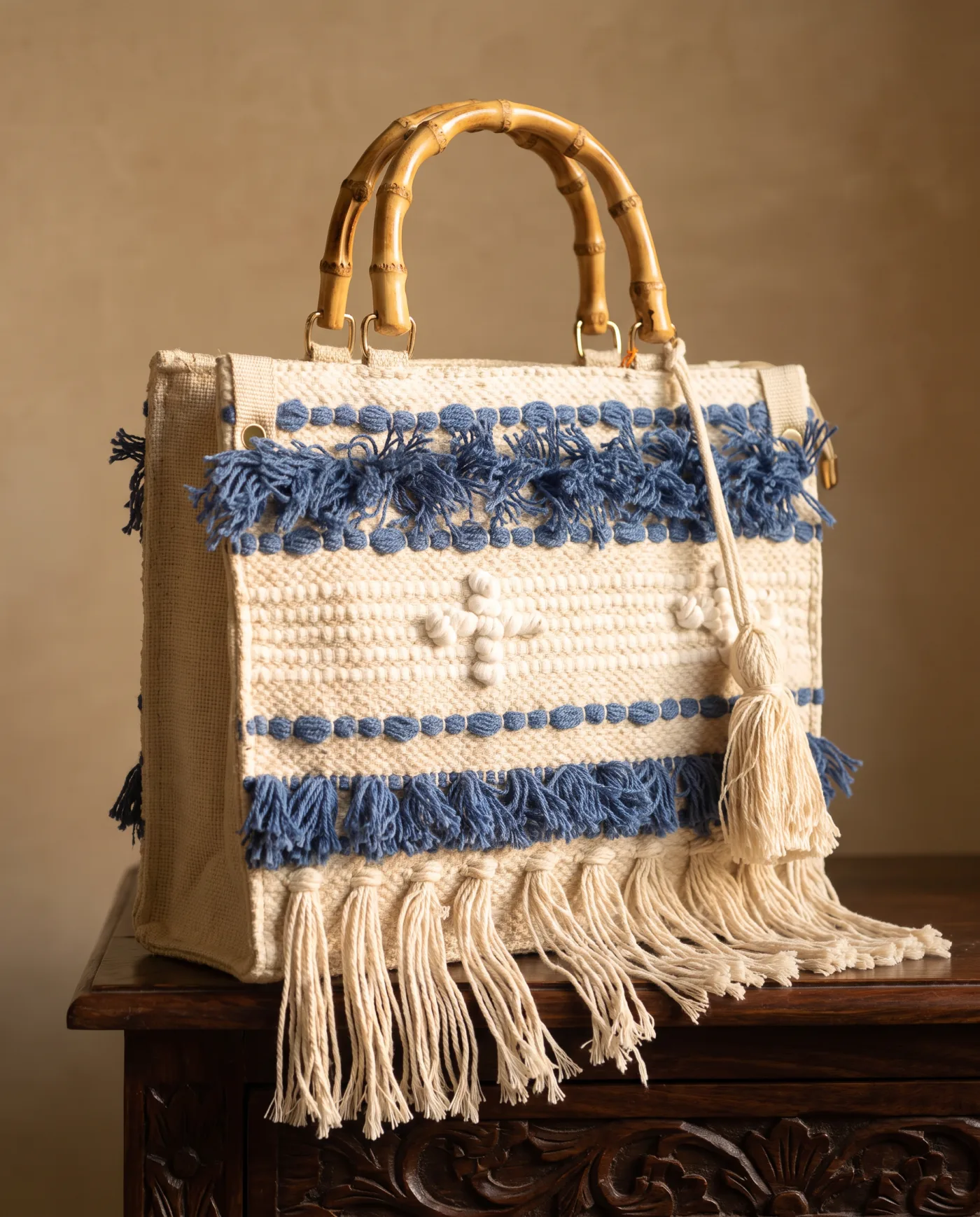 Tote - Cream Woven with Indigo Tufting and Fringe