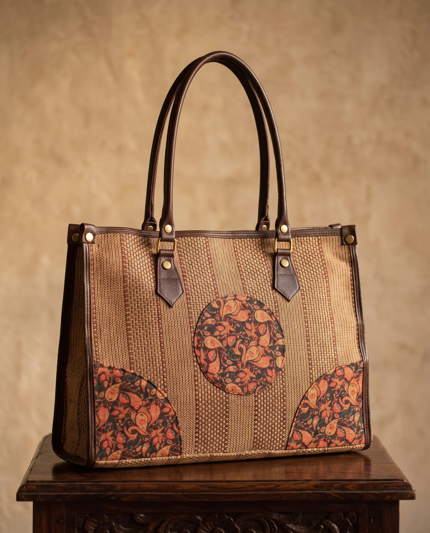 Tote - Jute with Floral Applique Medallion