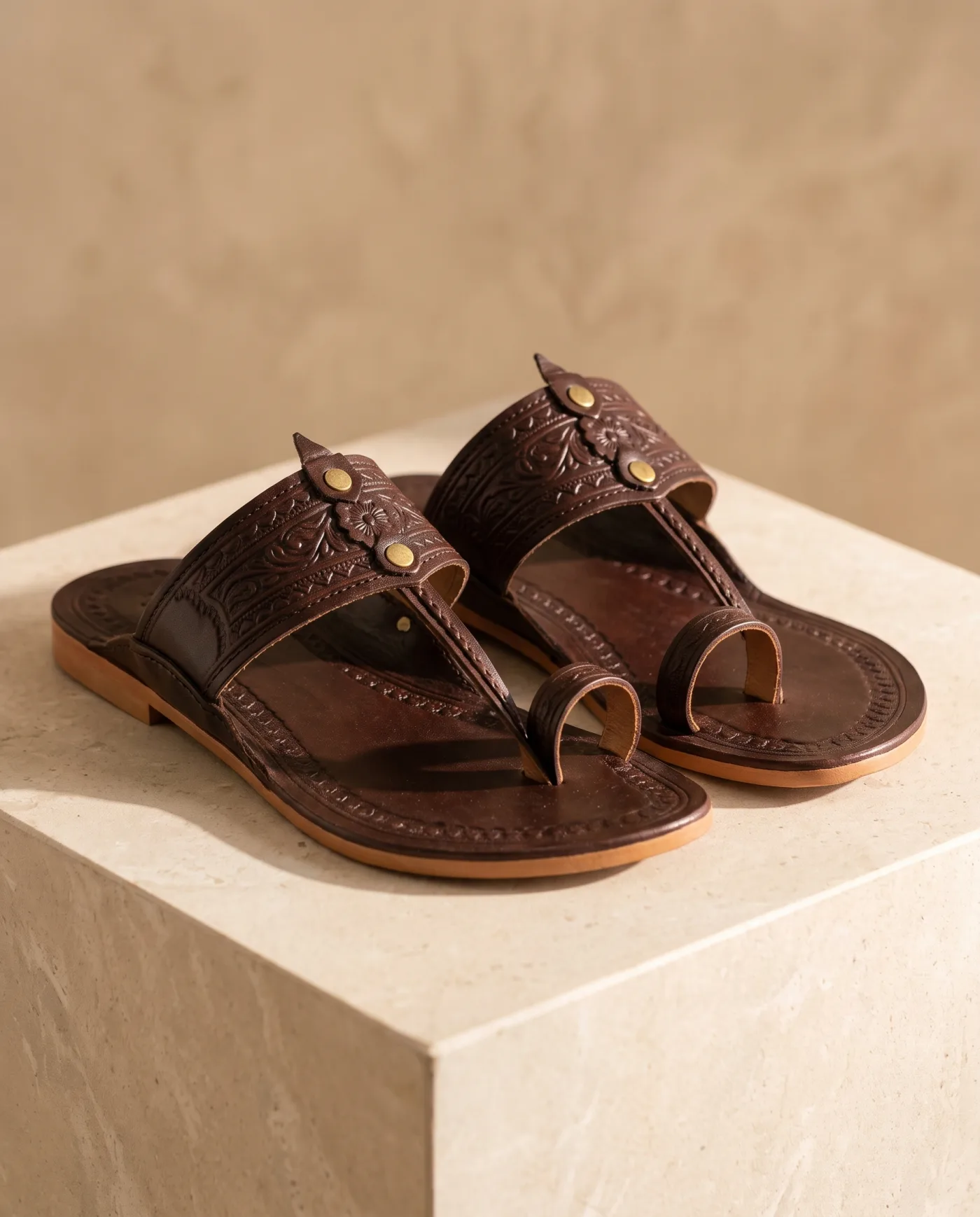 Kolhapuri Sandal - Tooled Dark Brown Leather