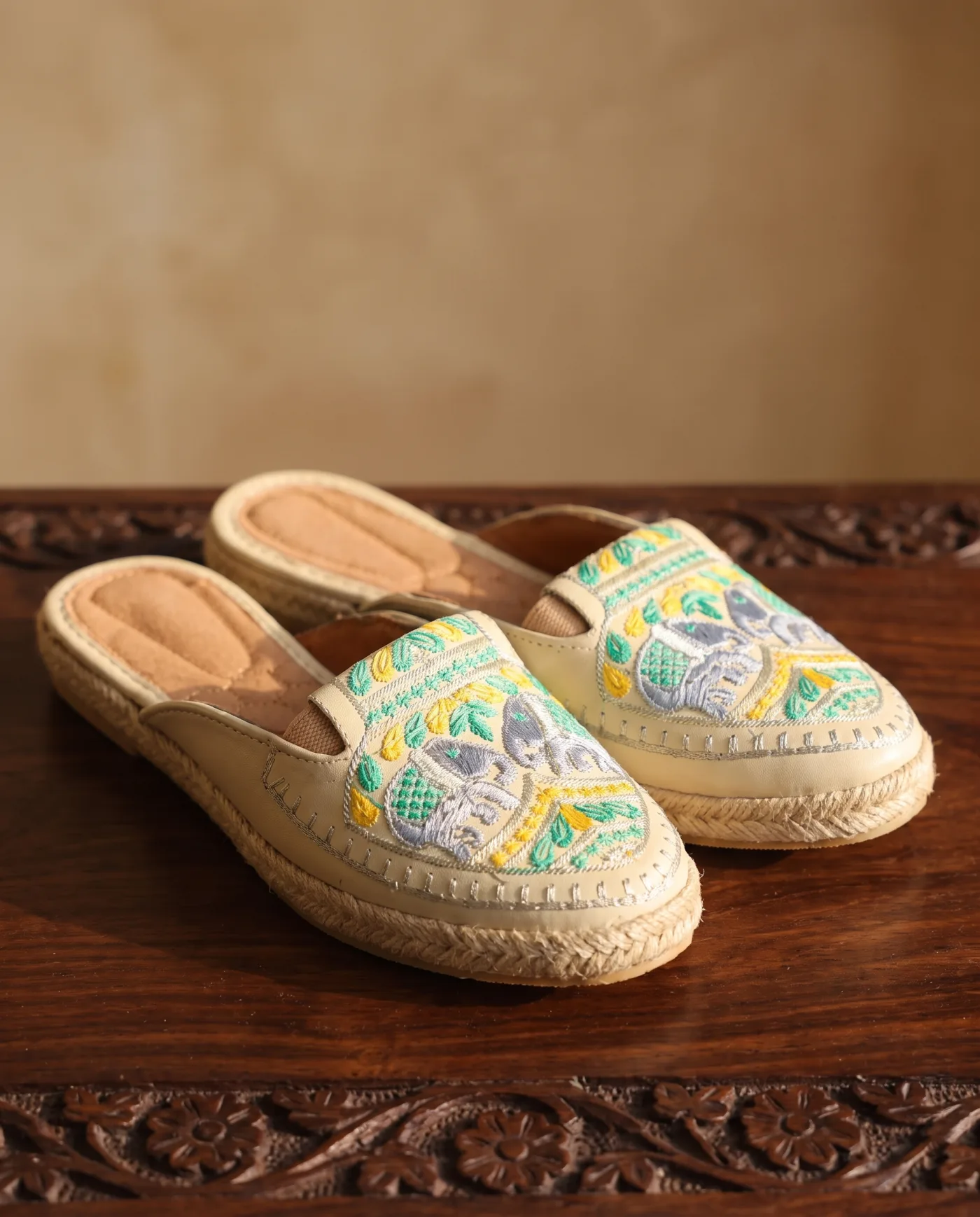Jutti - Cream with Mint and Aqua Embroidery