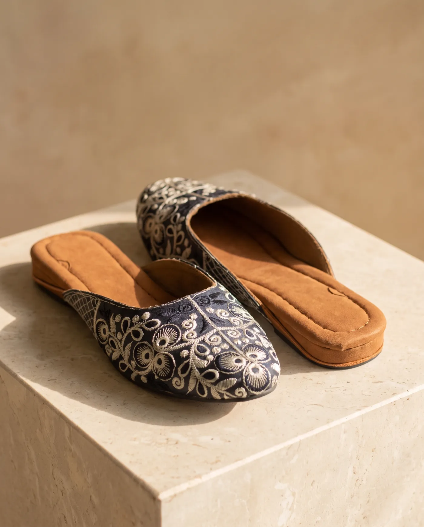 Jutti - Navy with White Floral Embroidery