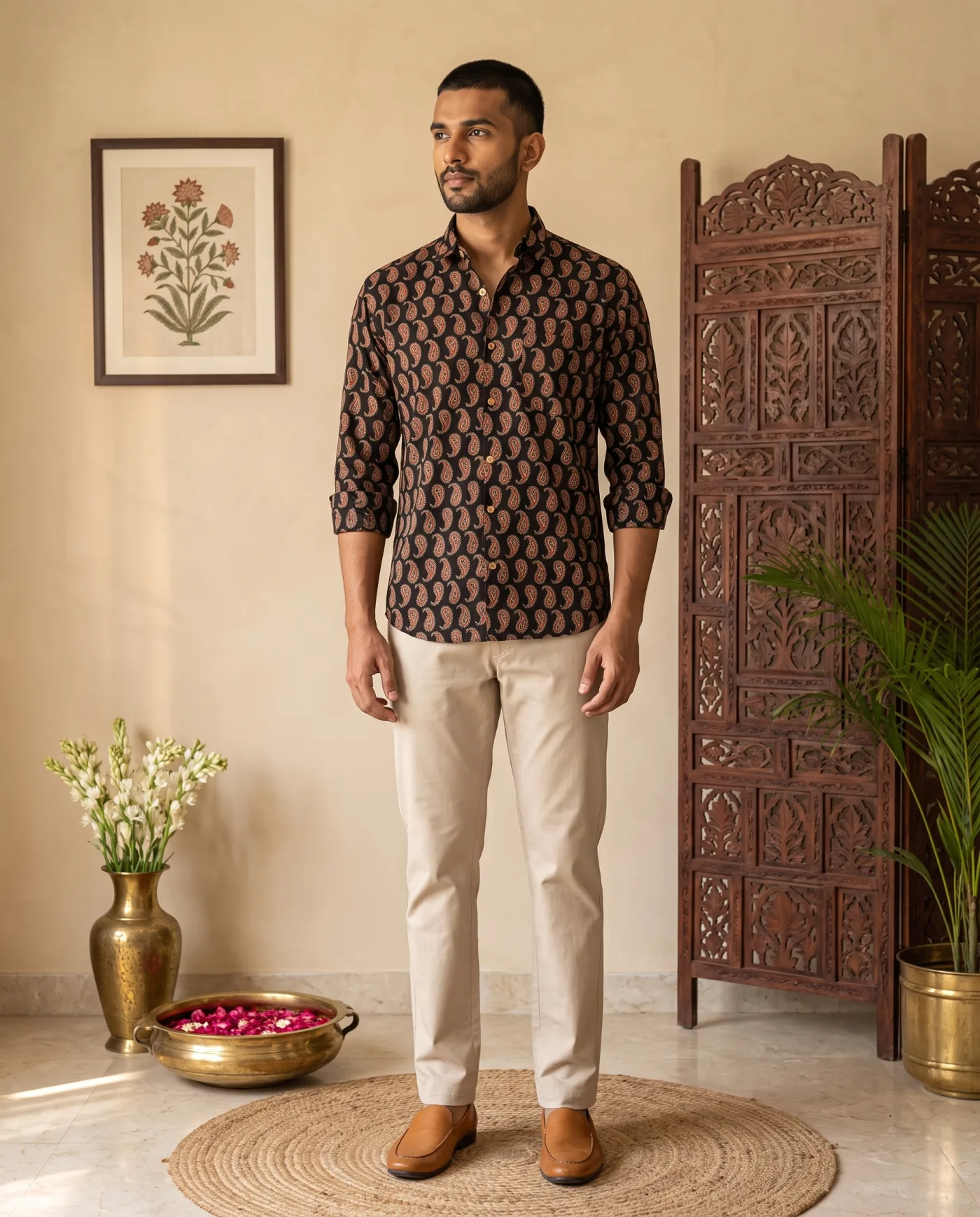 Shirt - Black with Rust Paisley Block Print