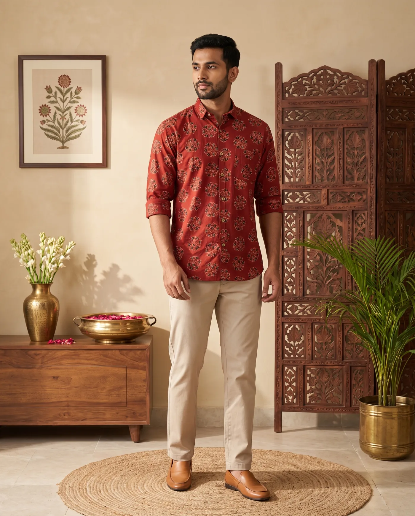 Shirt - Brick Red with Floral Medallion Block Print