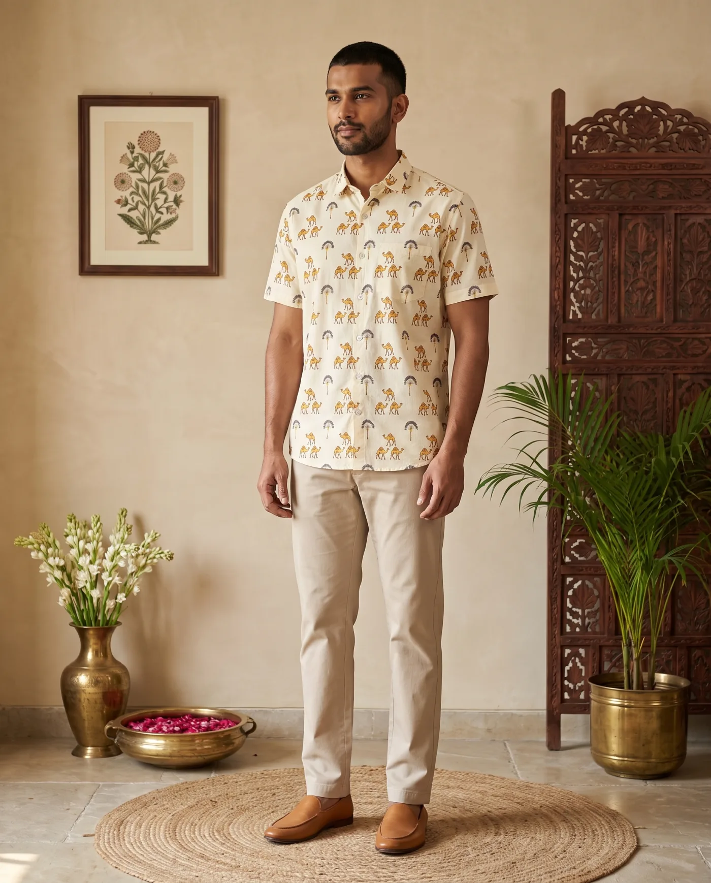 Shirt - Cream with Camel and Palm Block Print