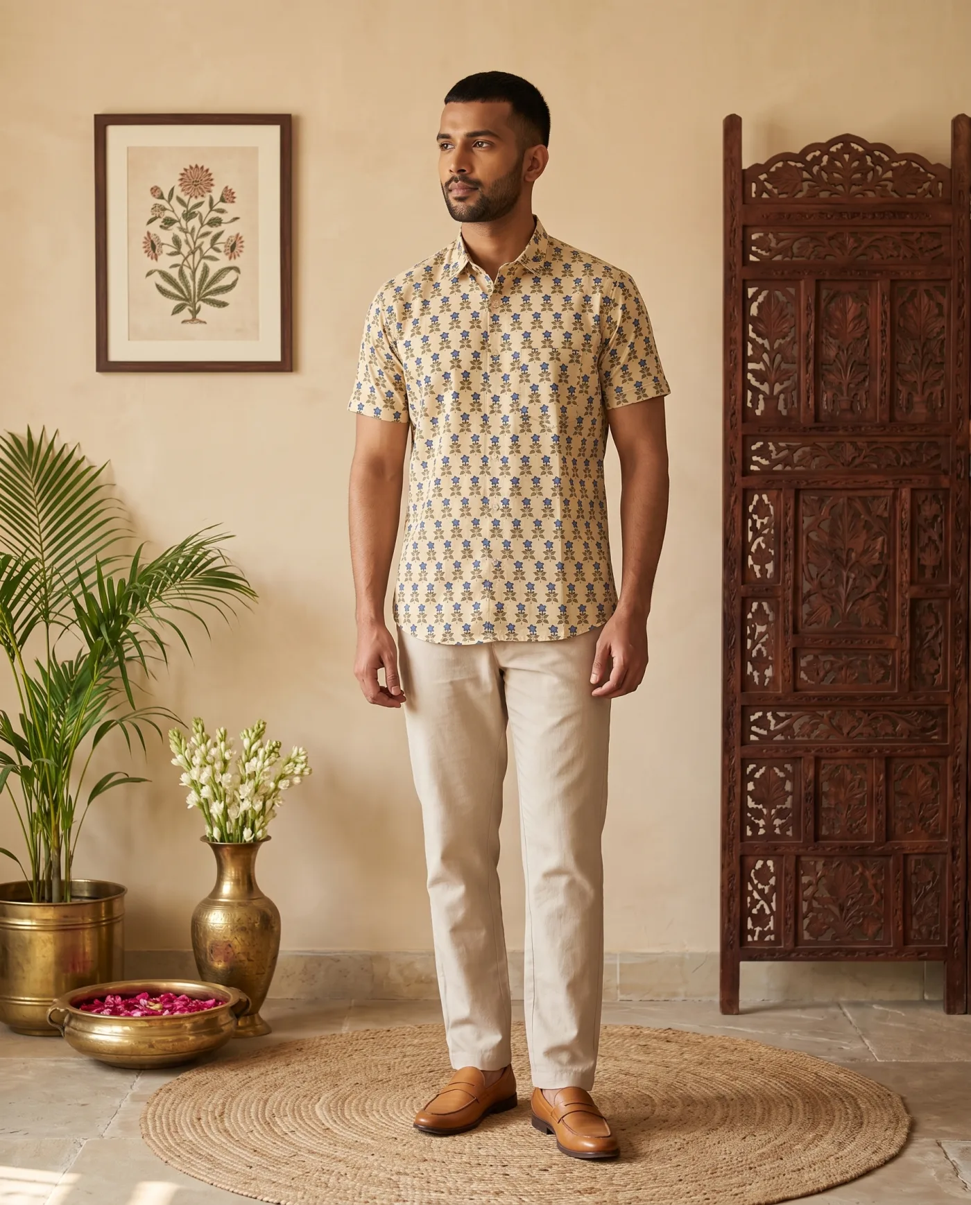Shirt - Sand Beige with Blue Butti Block Print