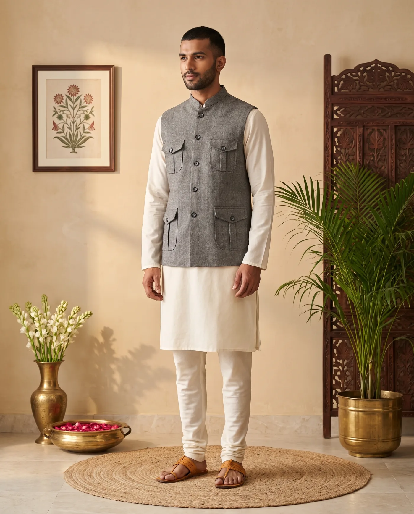 Nehru Jacket - Grey Herringbone Four Pocket