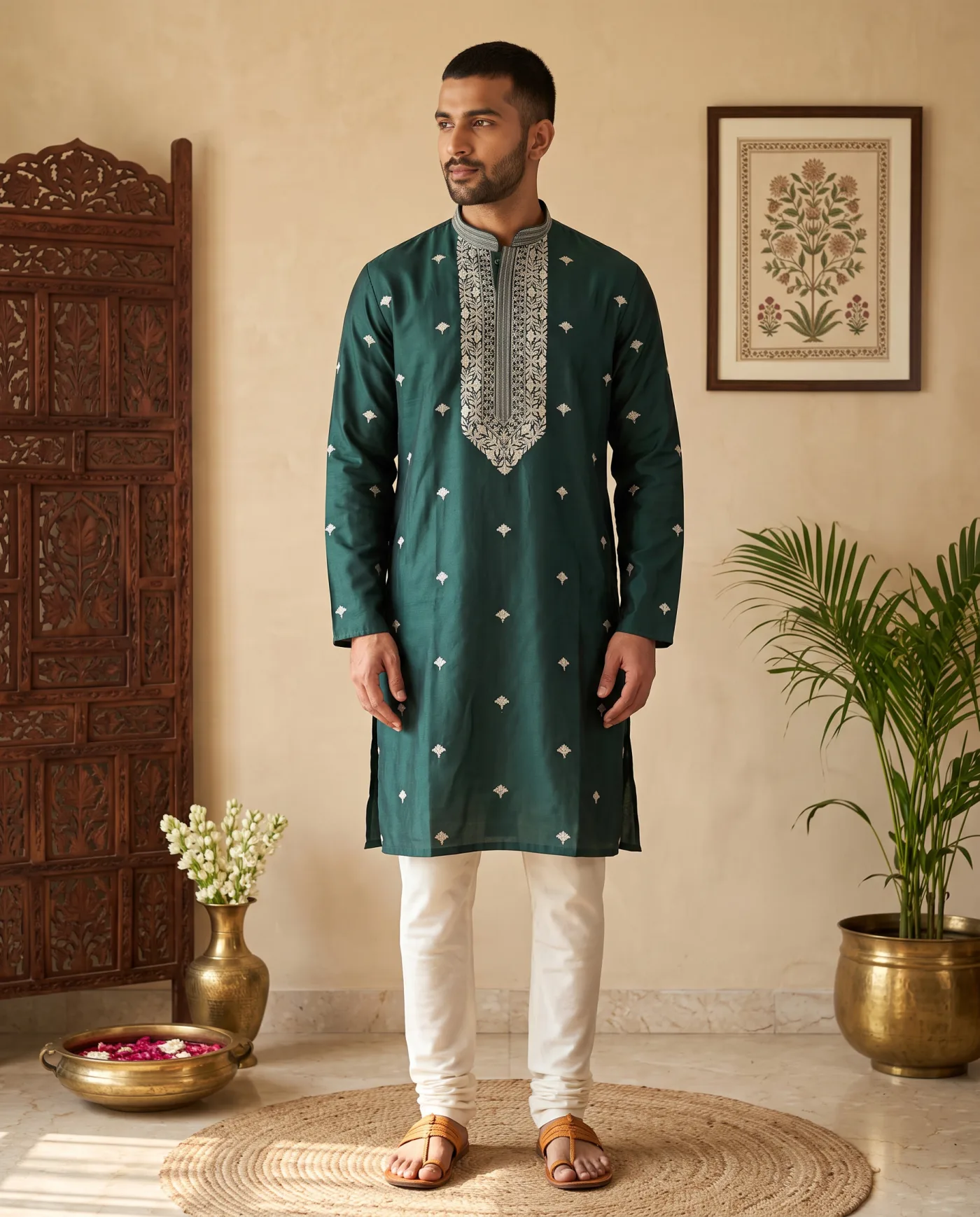 Kurta - Bottle Green with Silver Embroidered Yoke