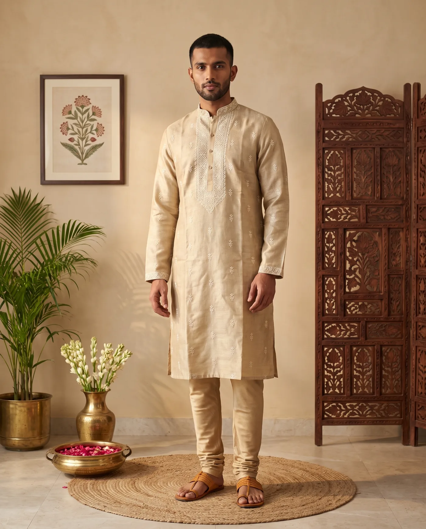 Kurta - Champagne Gold Brocade with Embroidered Yoke