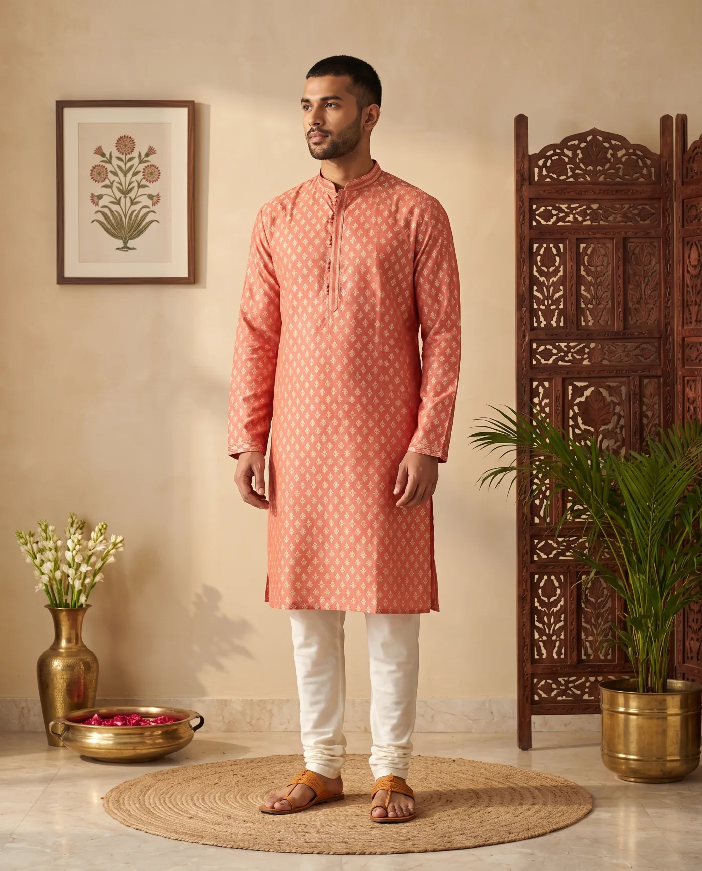 Kurta - Coral with Cream Paisley Butti