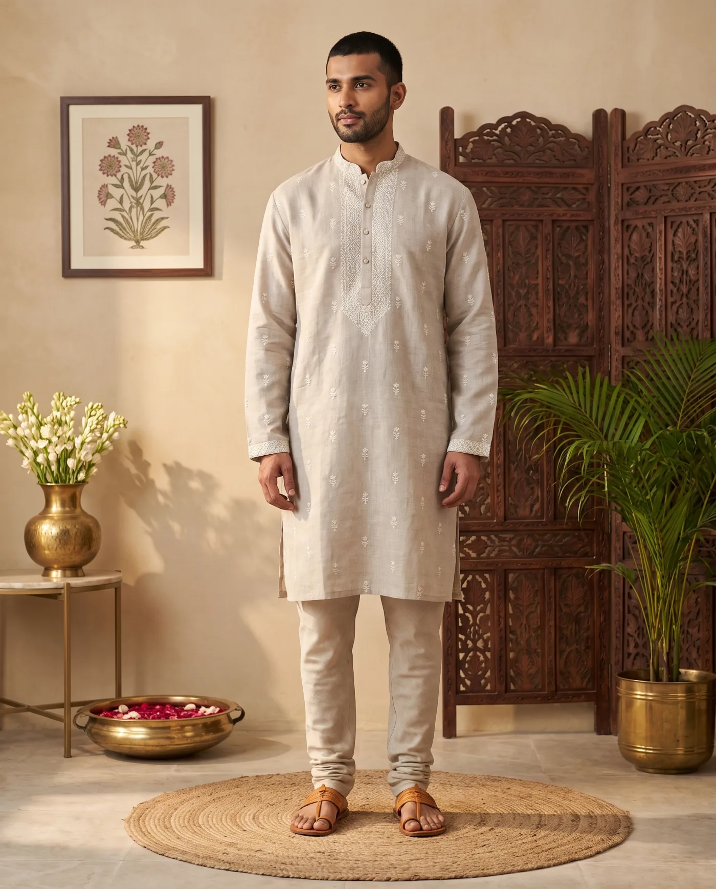 Kurta - Oatmeal Linen with White Embroidered Placket