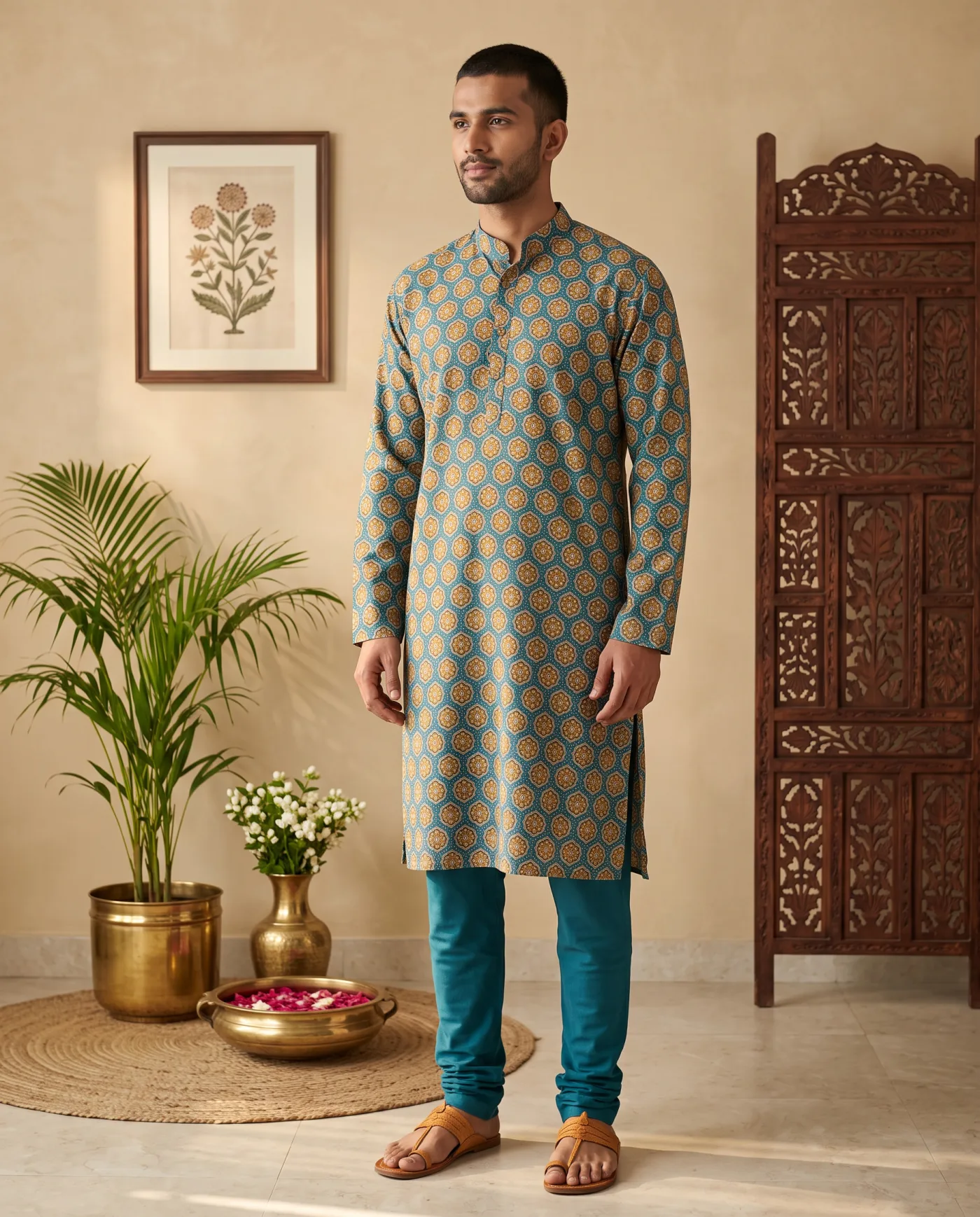 Kurta - Teal with Ochre Medallion Block Print