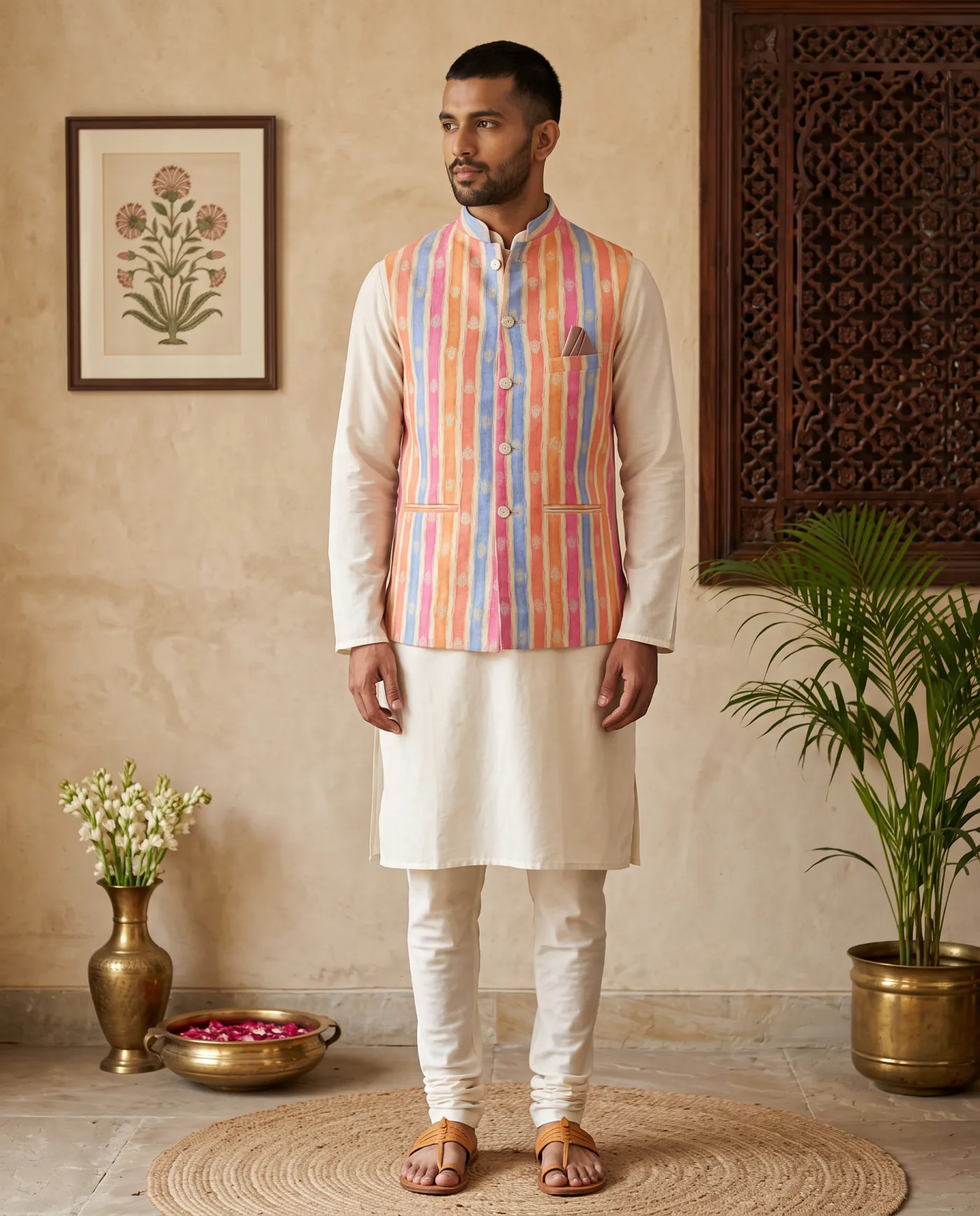 Nehru Jacket - Ikat Stripe Coral Apricot and Blue